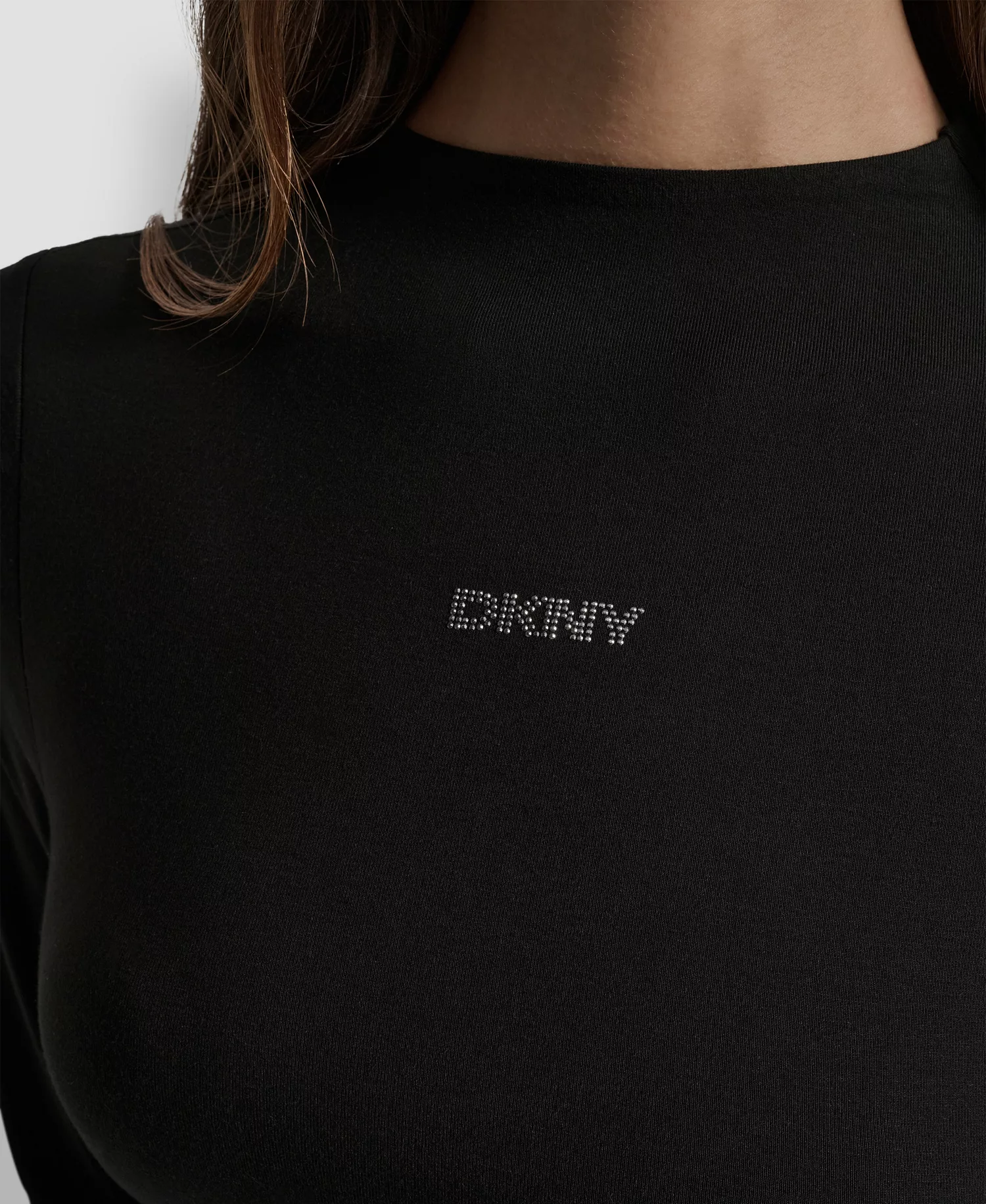 Women's Side Ruched High Neck Long Sleeve Top With Rhinestud Logo - Black/Gunmetal - L