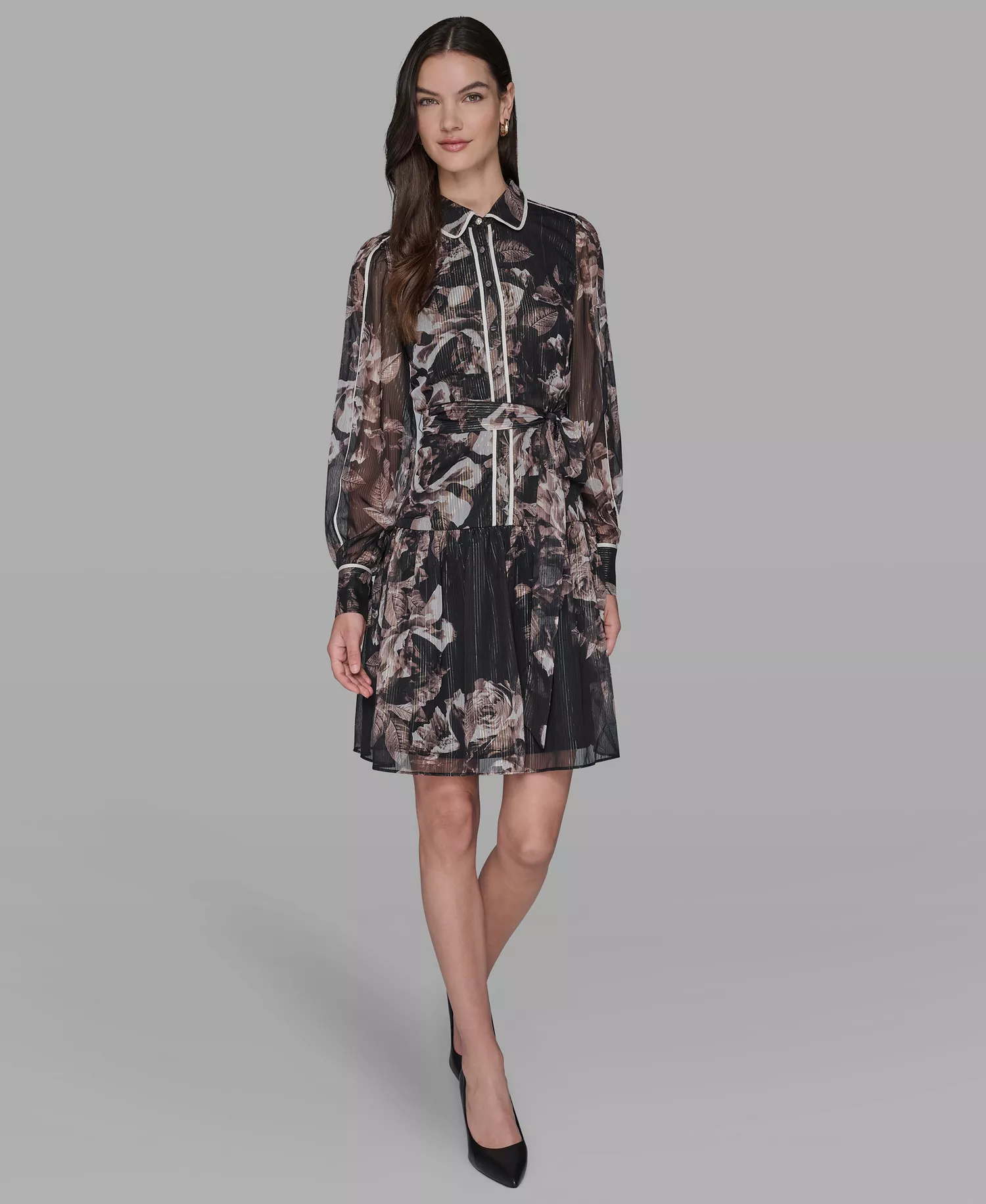 Women's Printed Crinkle Chiffon Collared Shirt Dress - Black/ Vicuna Multi/ Birch - 2