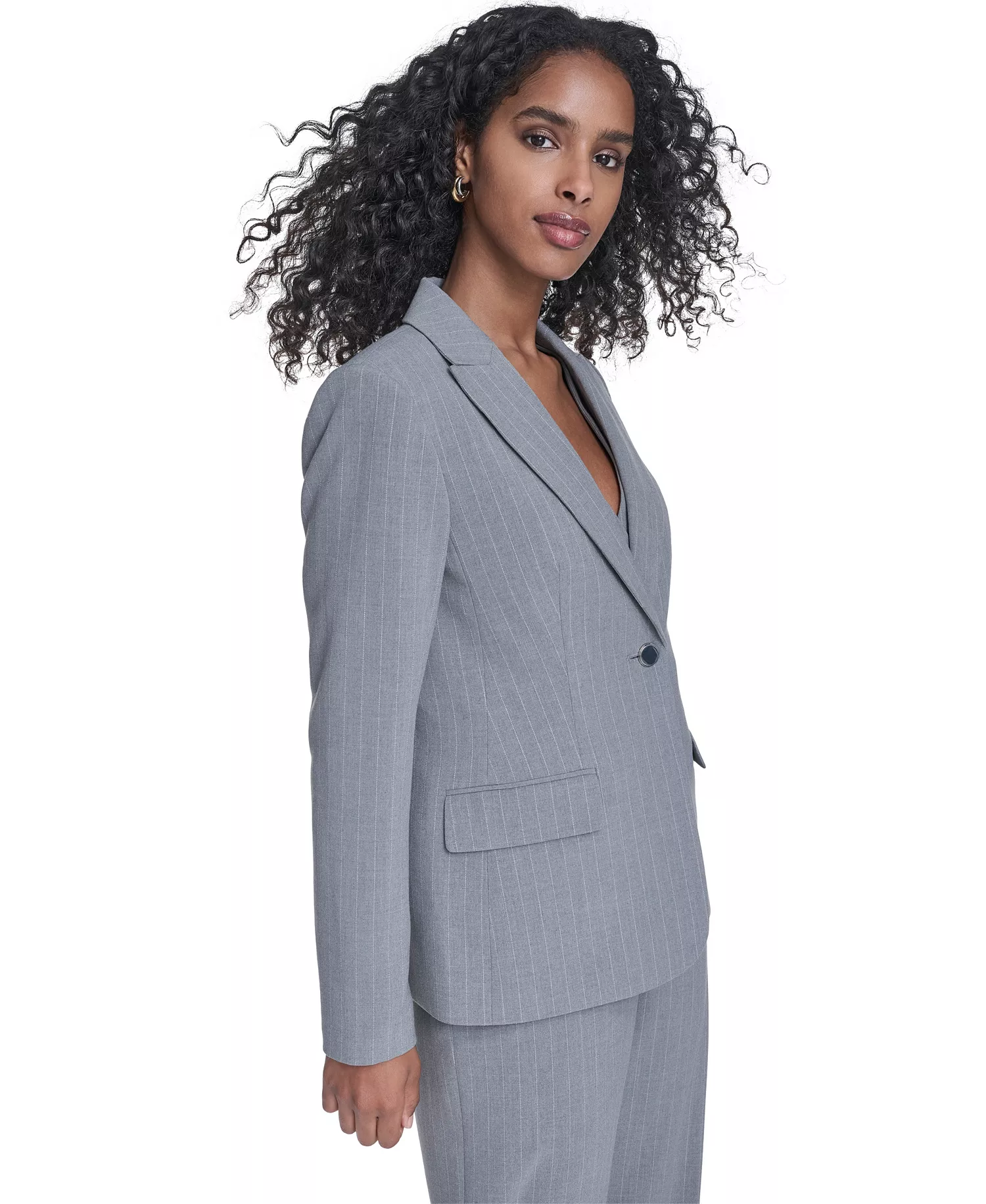 Women's Classic Buttoned Blazer, Pinstripe Vest Top, and Mid-Rise Pants - Heather Charcoal/cream - 10
