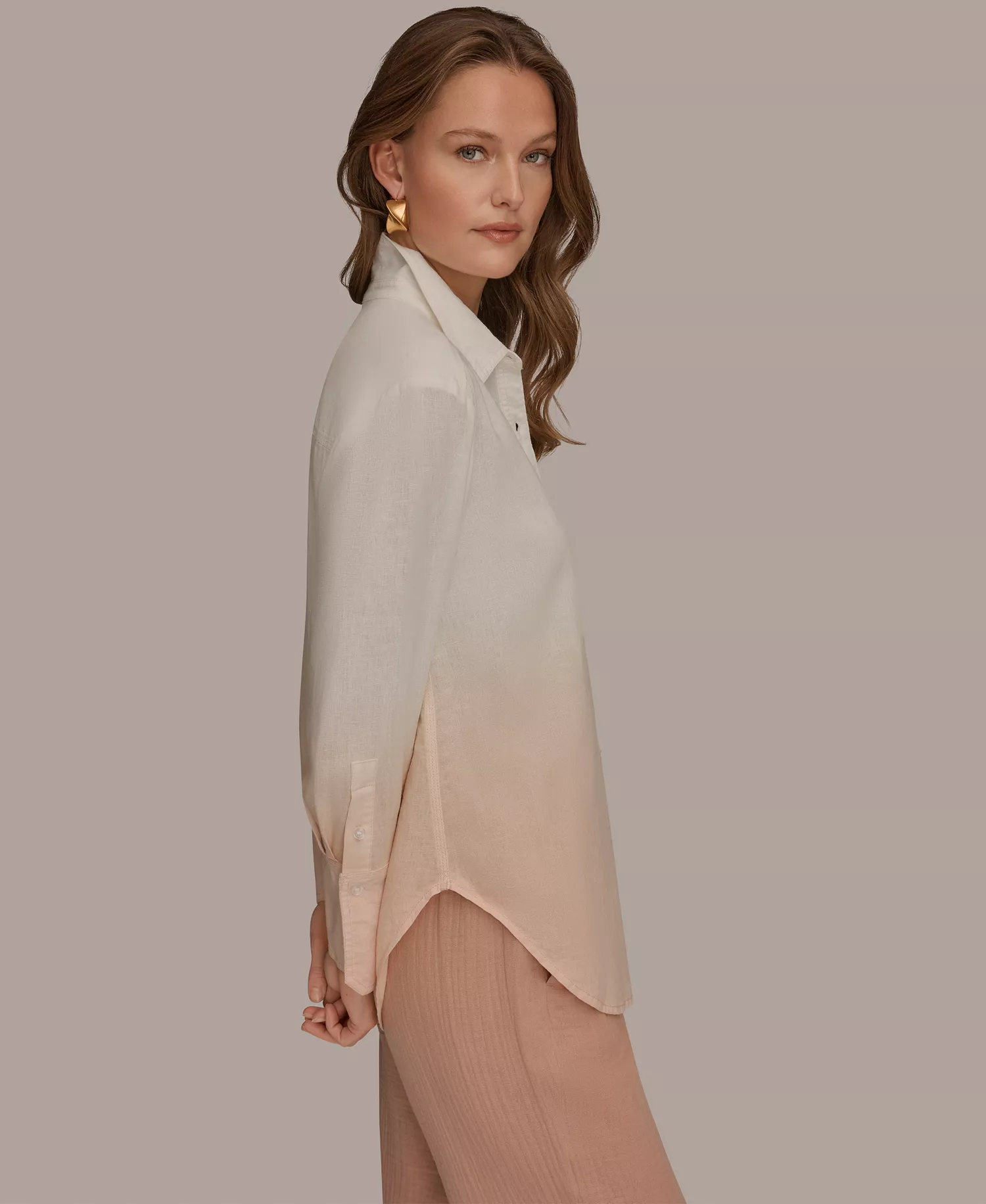 Women's Linen Dip Dye Long-Sleeve Button-Front Shirt - Snow Petal Dip Dye - L