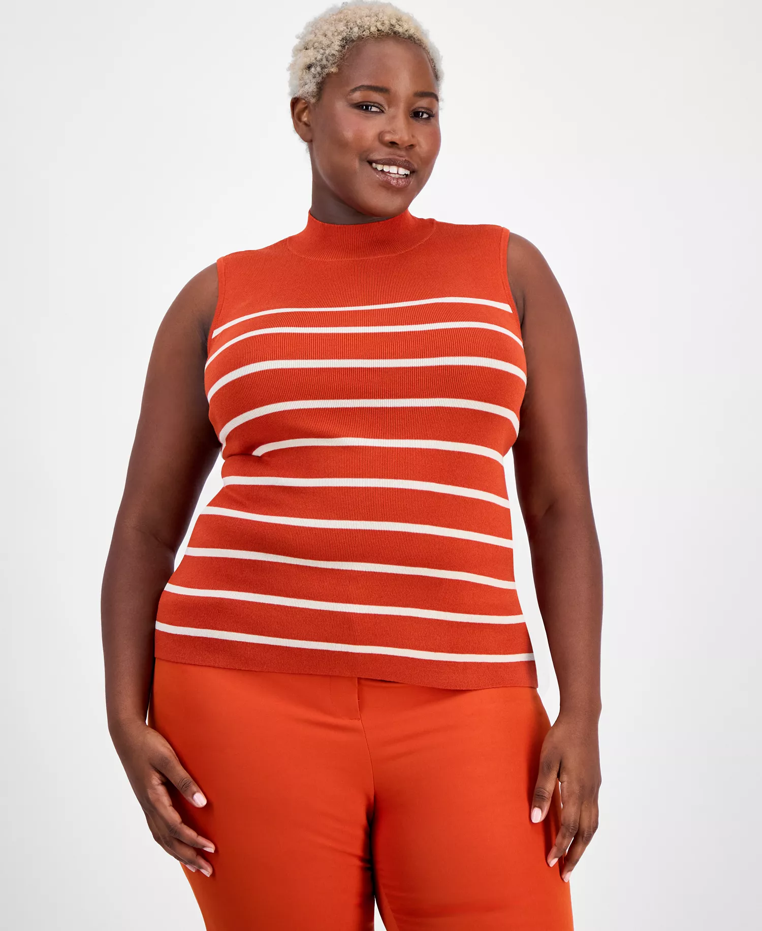 Plus Size Striped Mock-Neck Sleeveless Sweater - Persimmon - 1X