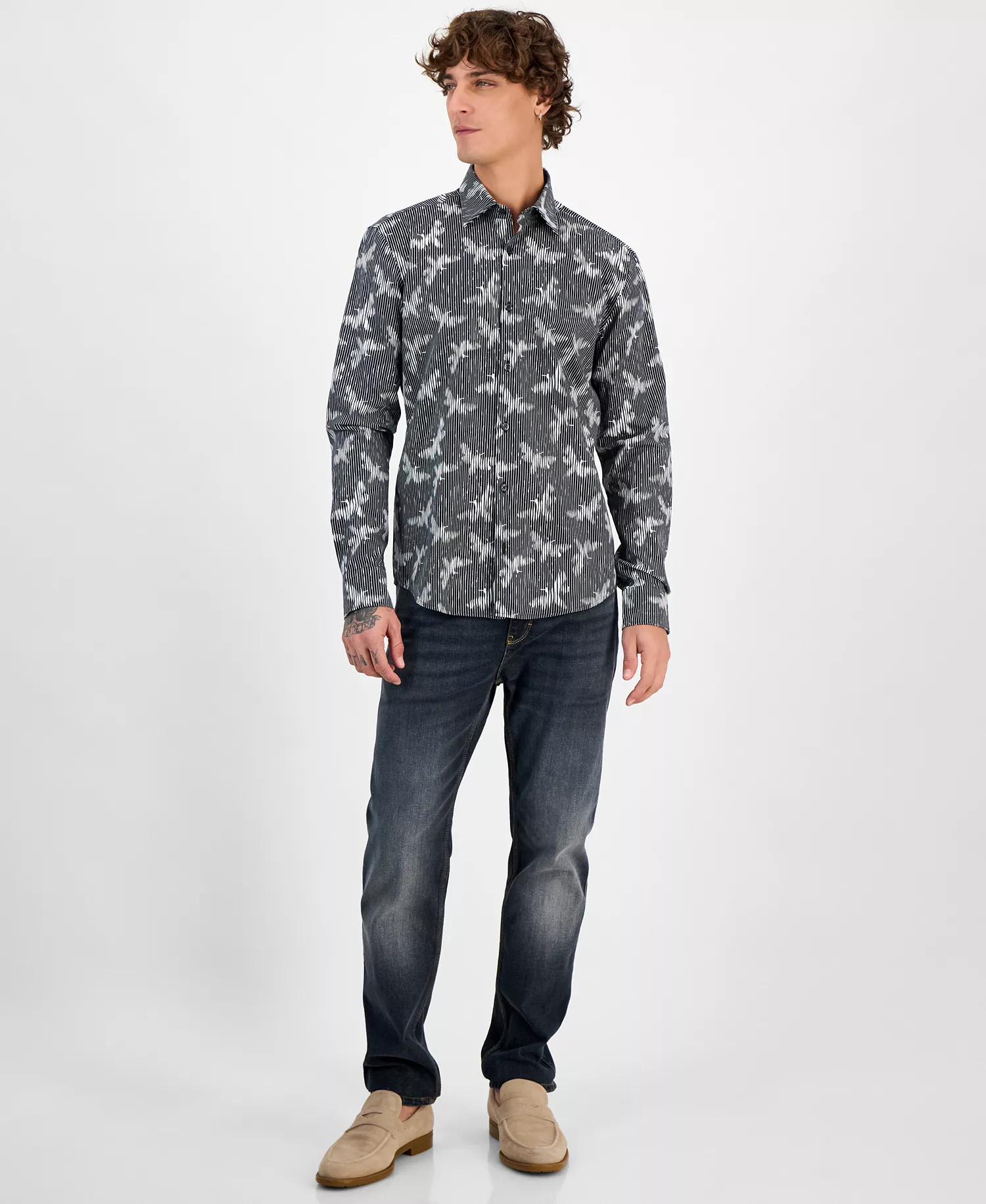 Men's Ermo Butterfly Patterned Shirt - Black - L