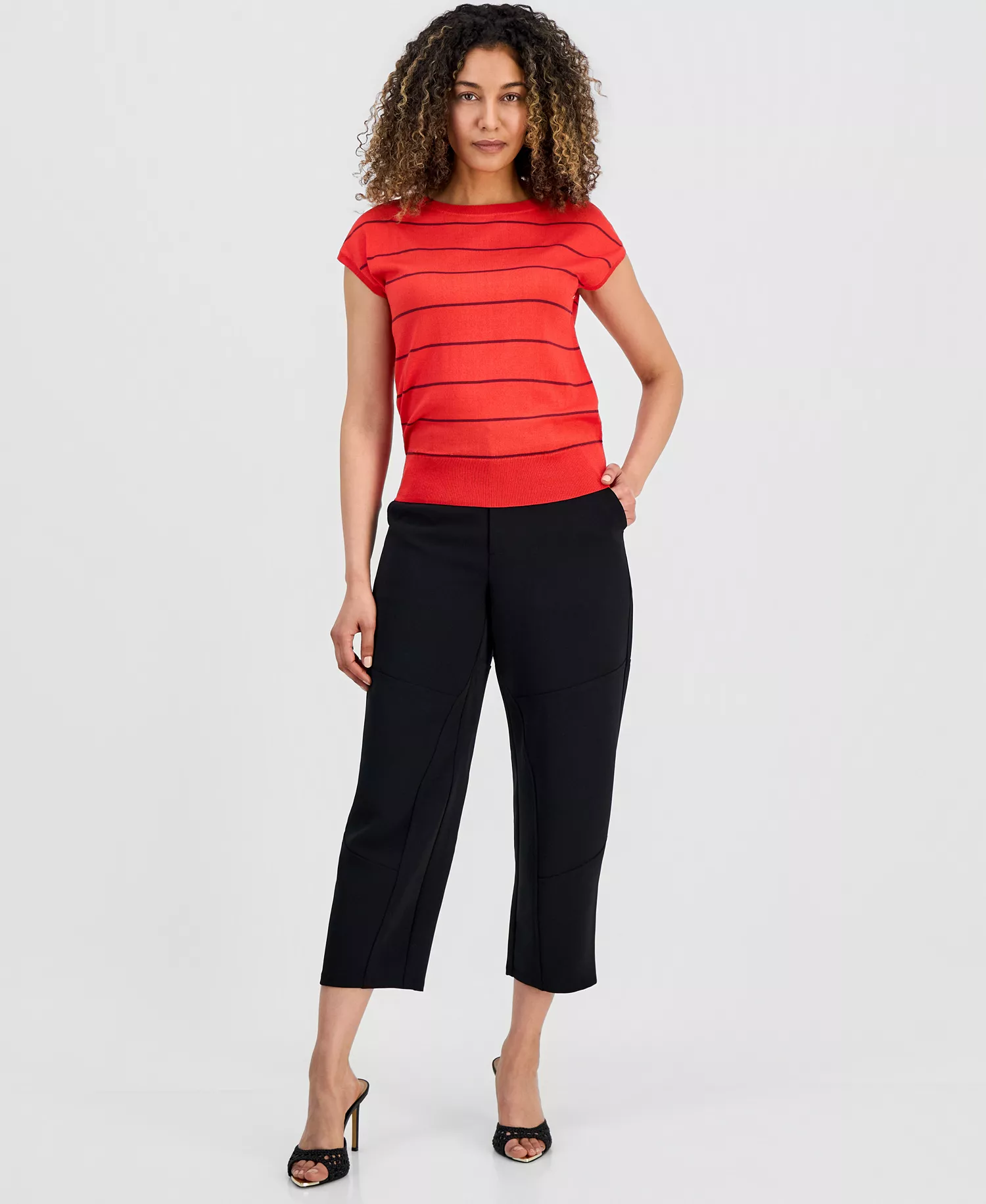 Petite High-Rise Barrel-Detail Pants, Macy's Exclusive - Deep Black - 0P