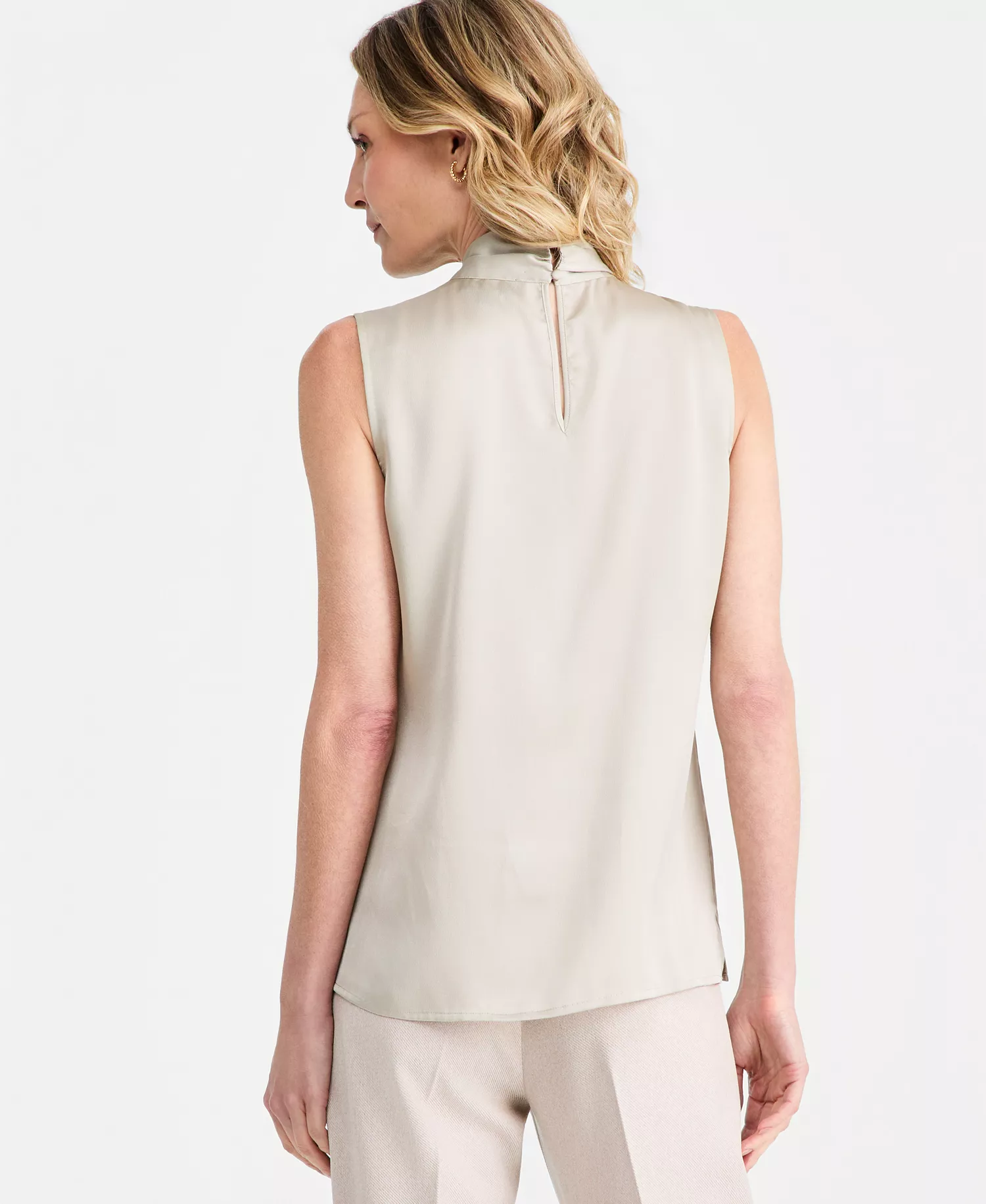 Women's Tie-Neck Hammered-Satin Top - Oatmeal - L