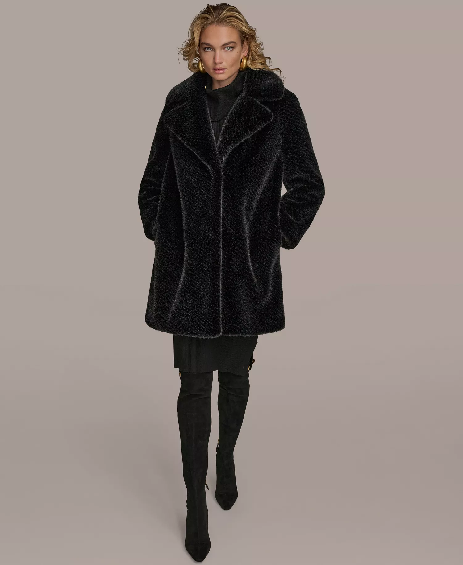 Women's Notched-Collar Faux-Fur Coat - Black - M