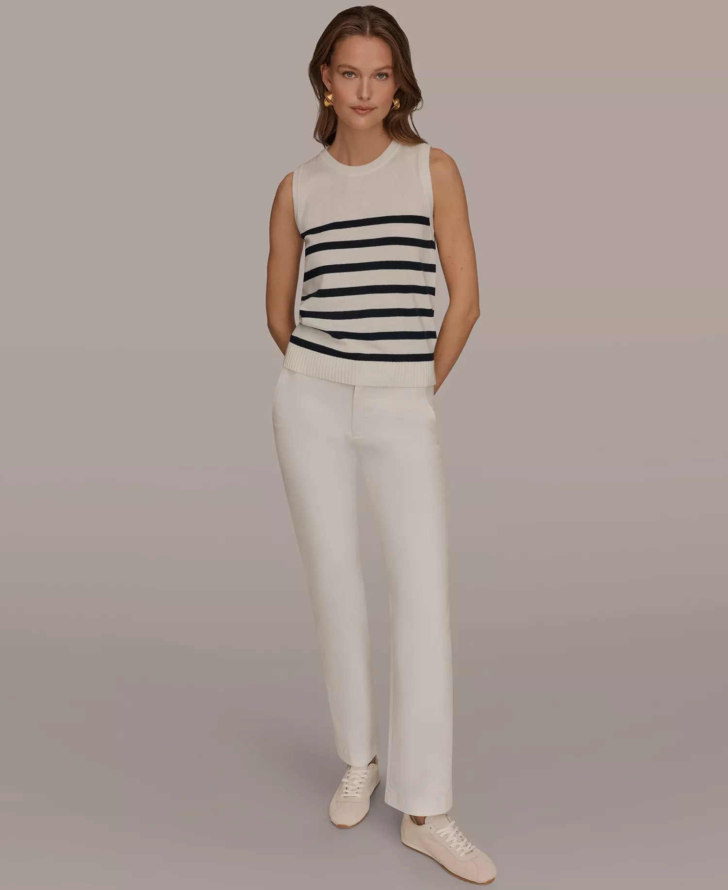 Women's Cotton Cashmere Striped Sleeveless Sweater - Cream/nightfall - L