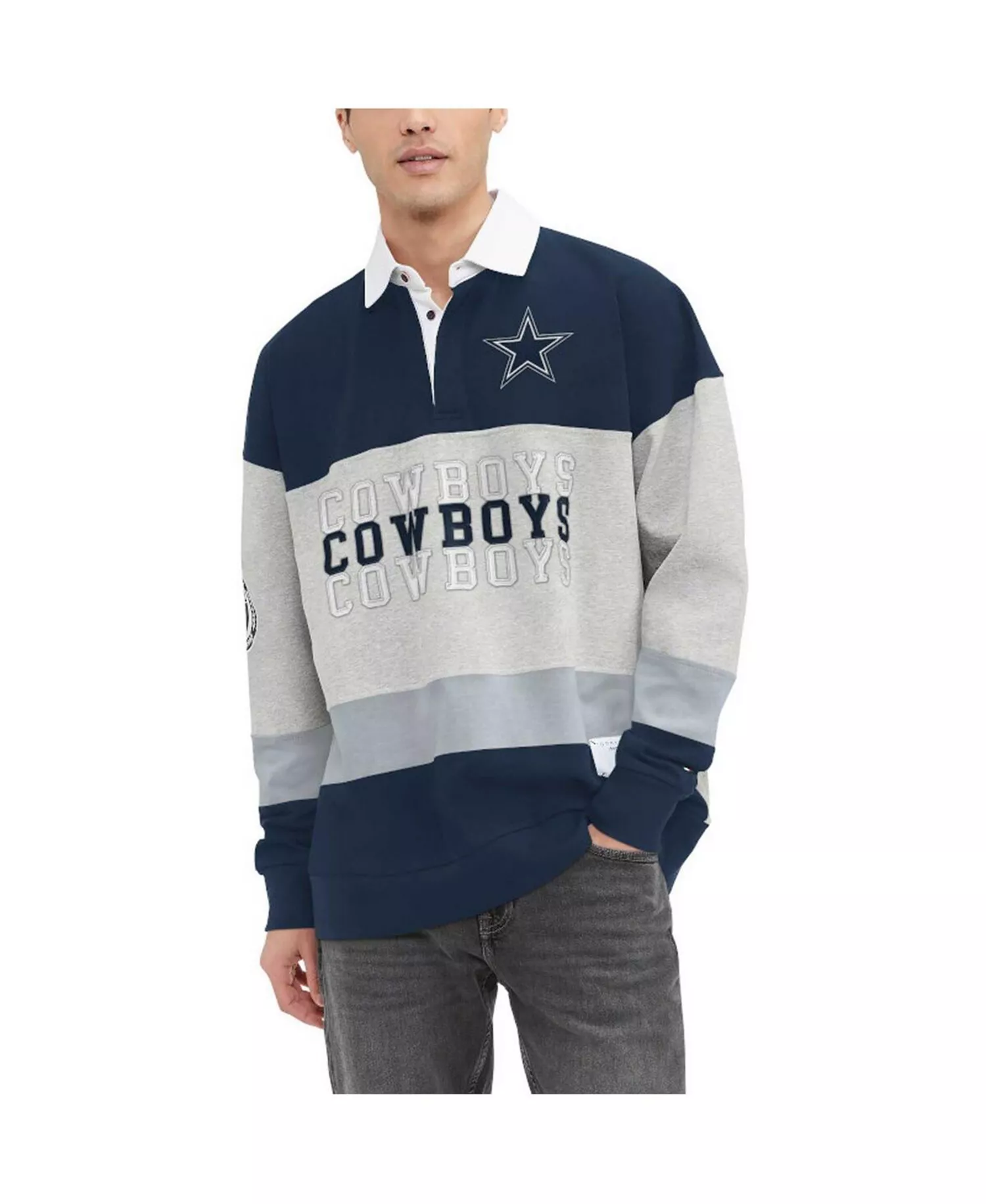 Men's Heather Gray, Navy Dallas Cowboys Connor Oversized Rugby Long Sleeve Polo Shirt - Heather Gray, Navy - 2XL