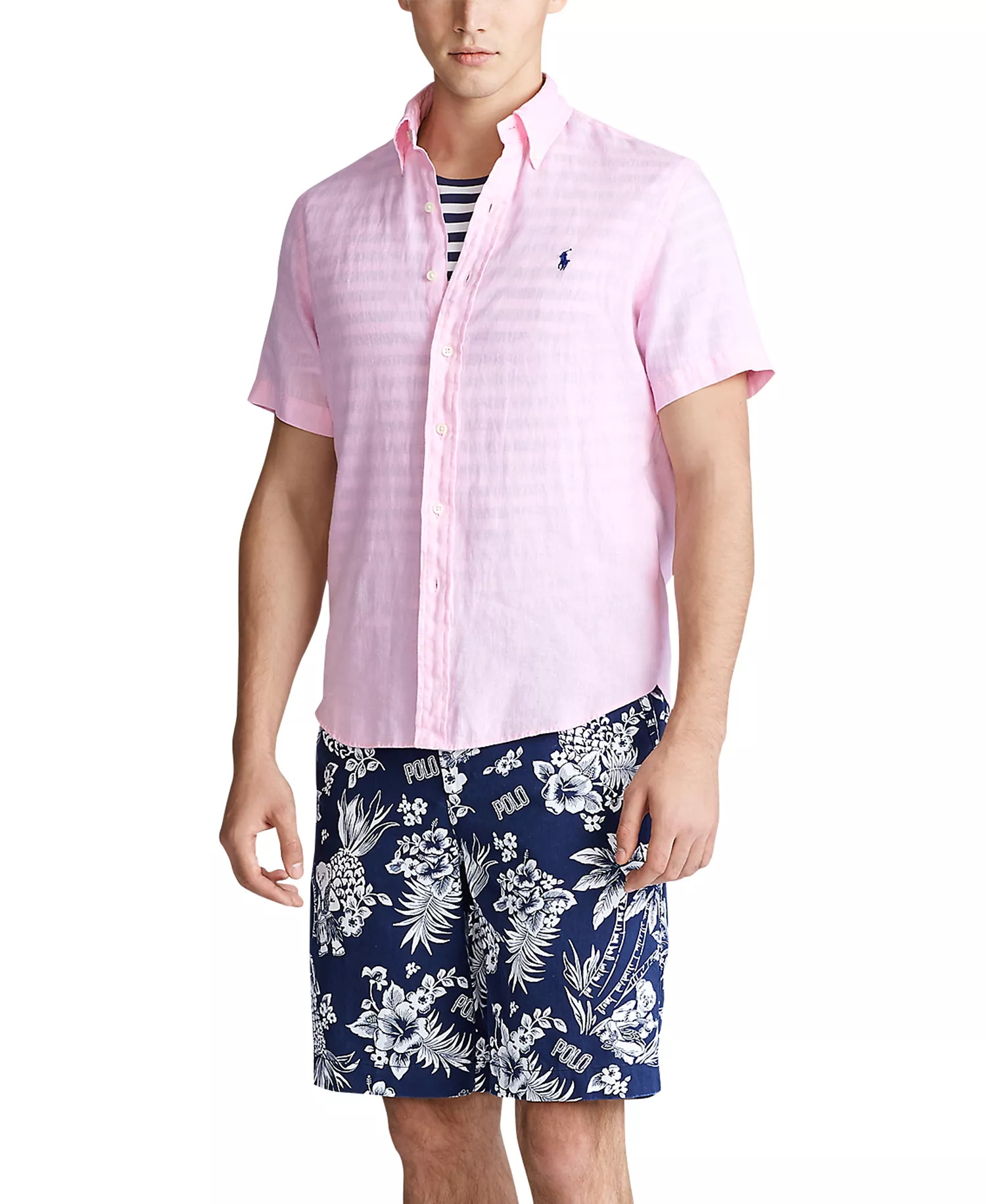 Men's Short-Sleeve Linen Button-Up - Carmel Pink - 2XL