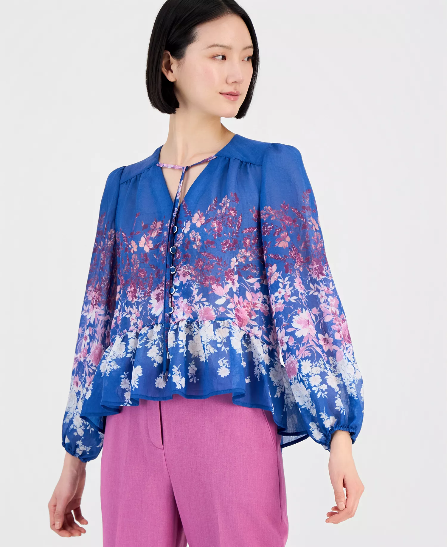 Women's Floral Blouson-Sleeve Peplum Top - Blue Pink White - L