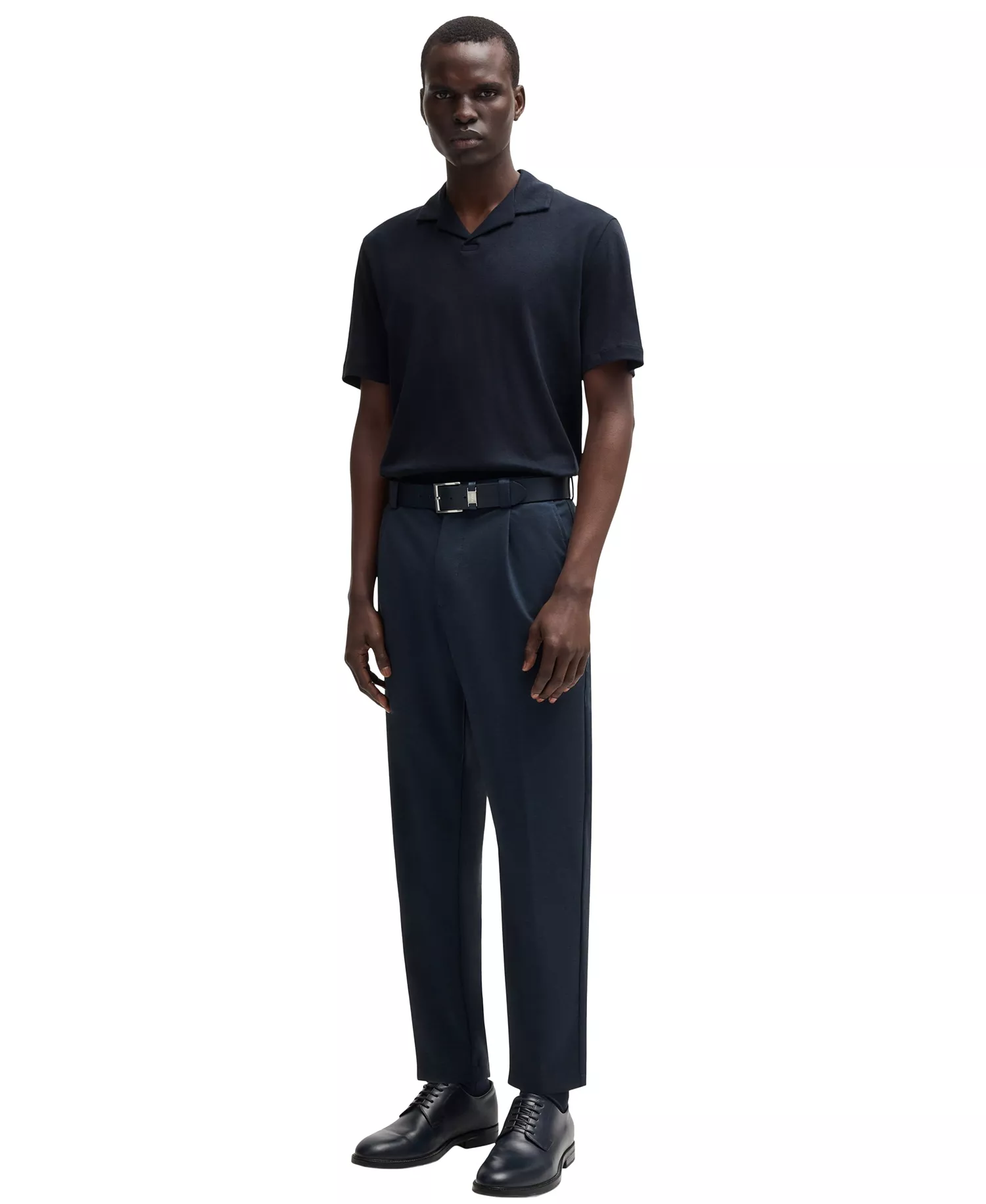 Men's Cotton Linen Regular-Fit Polo Shirt - Dark Blue - L