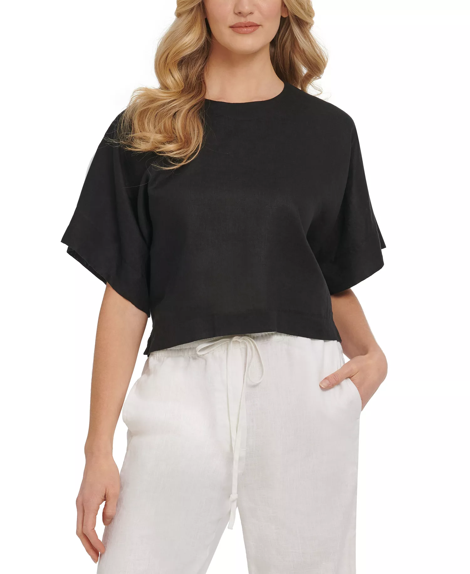 Linen Drop Shoulder Short Sleeve Top - Black - L