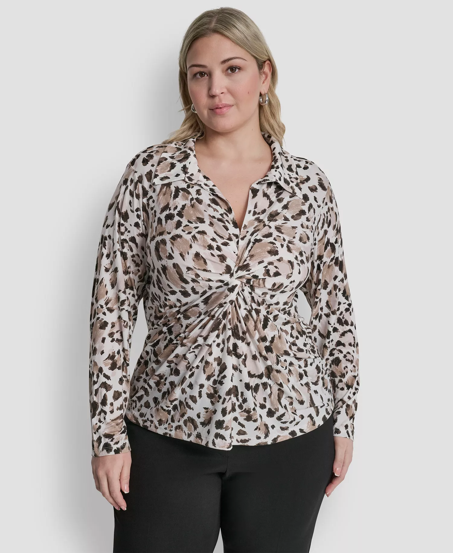 Plus Size Long-Sleeve Knot Front Top - Ivory/Travertine - 1X