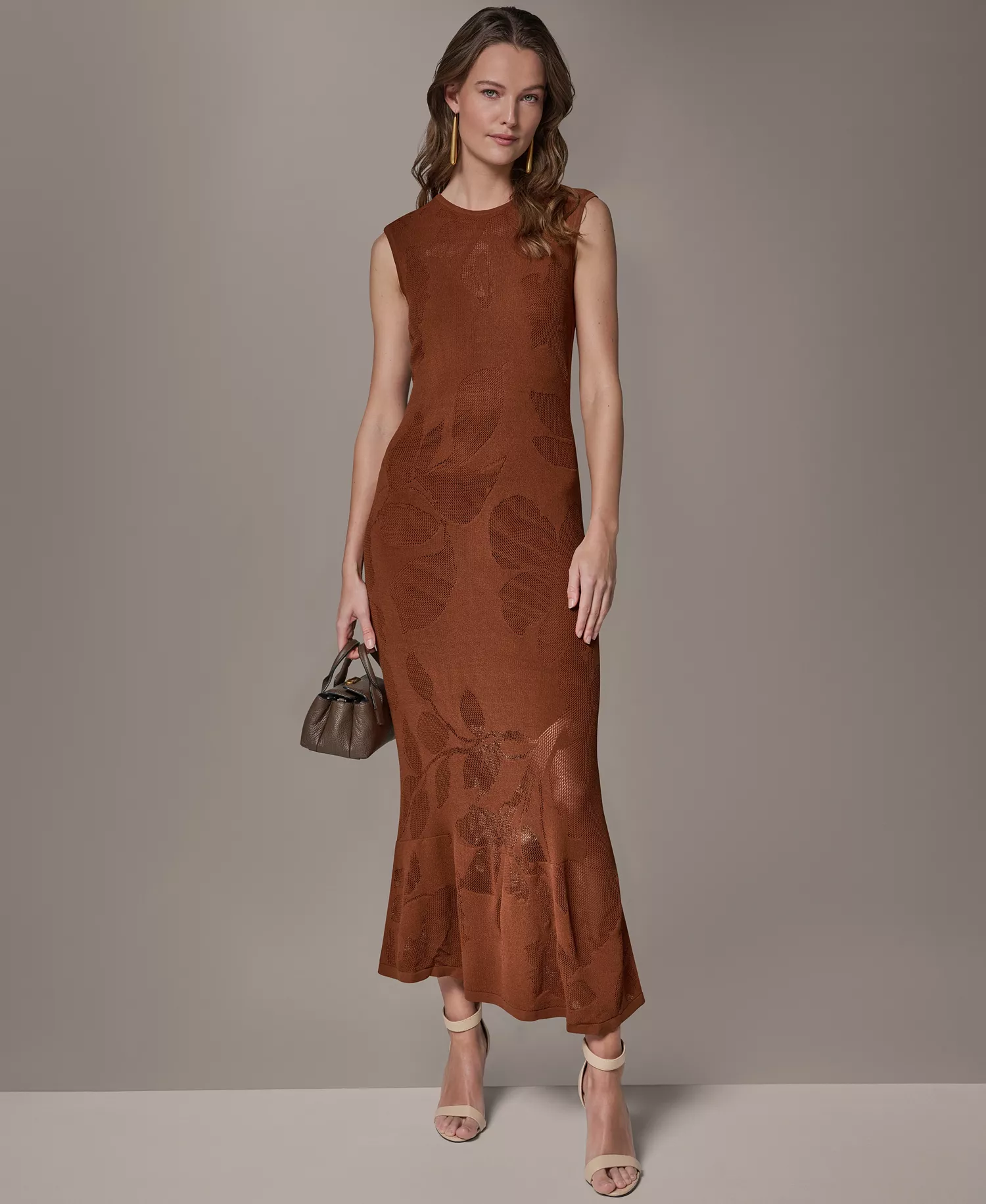 Women's Crew Neck Midi Dress - Cognac - L