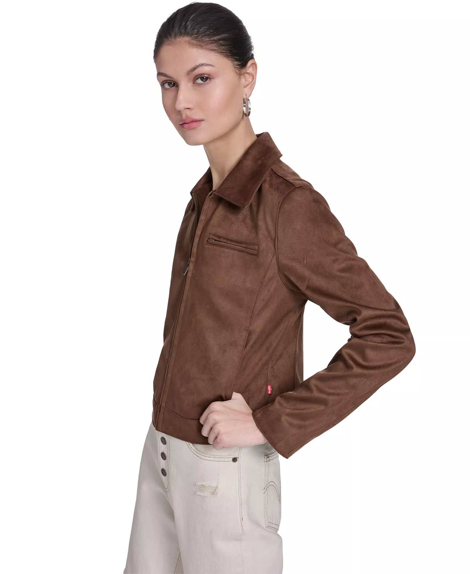 Women's Faux Suede Laydown Collar Jacket - Maple - L
