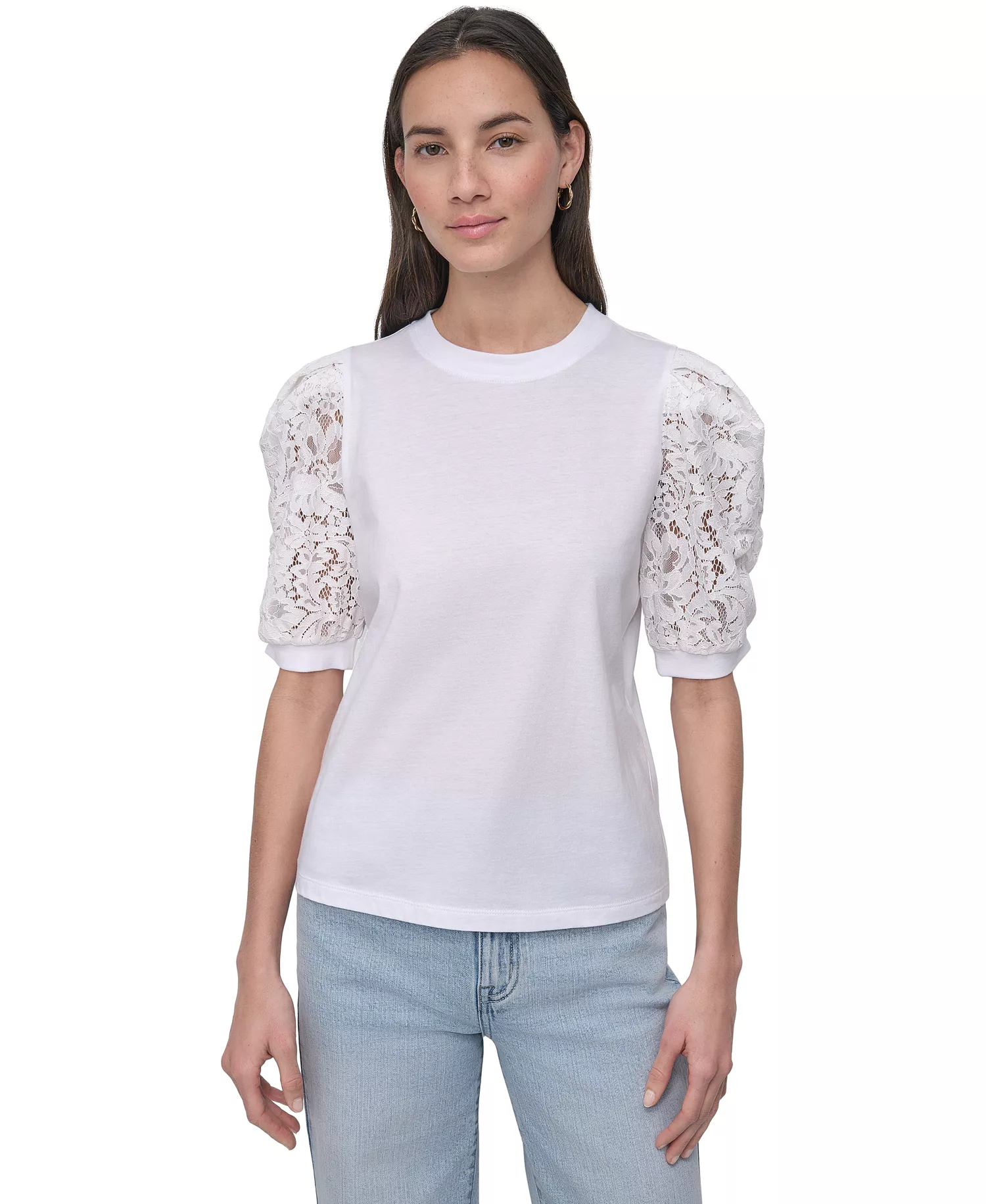 Women's Mixed Media Lace-Sleeve Top - IVY - IVORY - L