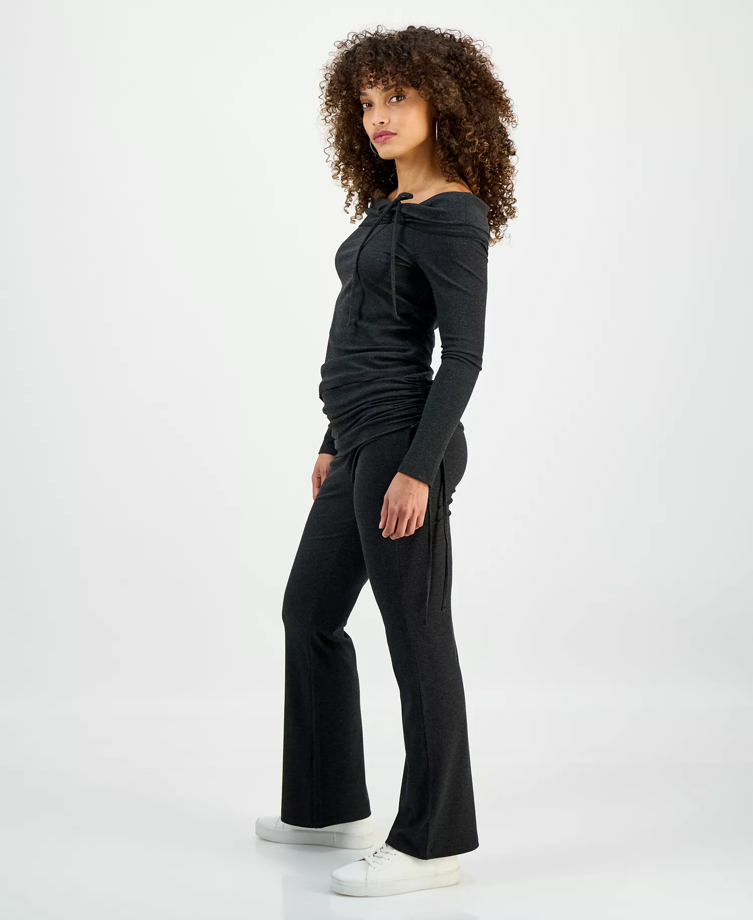 Petite Foldover-Waist Drawstring Wide-Leg Pants, Macy's Exclusive - Charcoal Heather - P/L