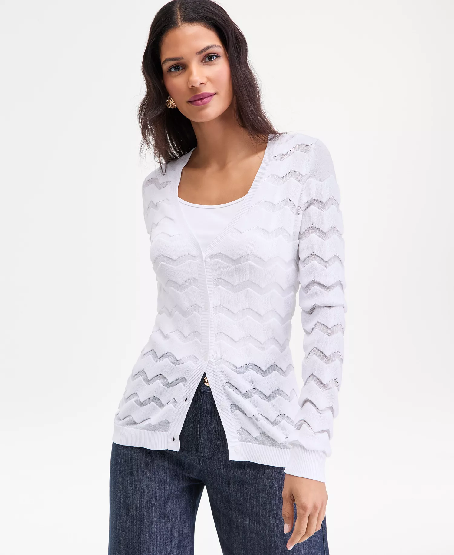 Women's Sheer Chevron Stripe Cardigan, Macy's Exclusive - Bright White - L