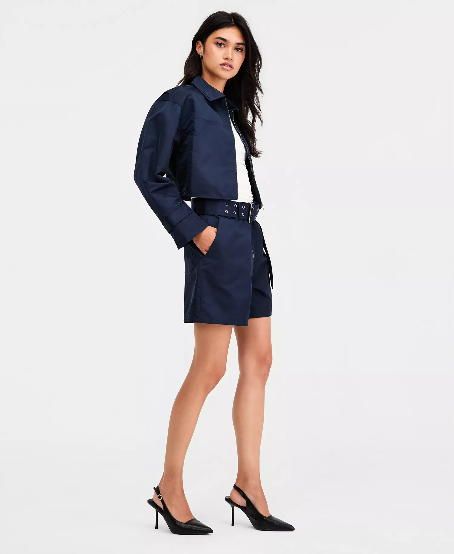 Women's Belted High-Rise Shorts, Macy's Exclusive - Navy - L