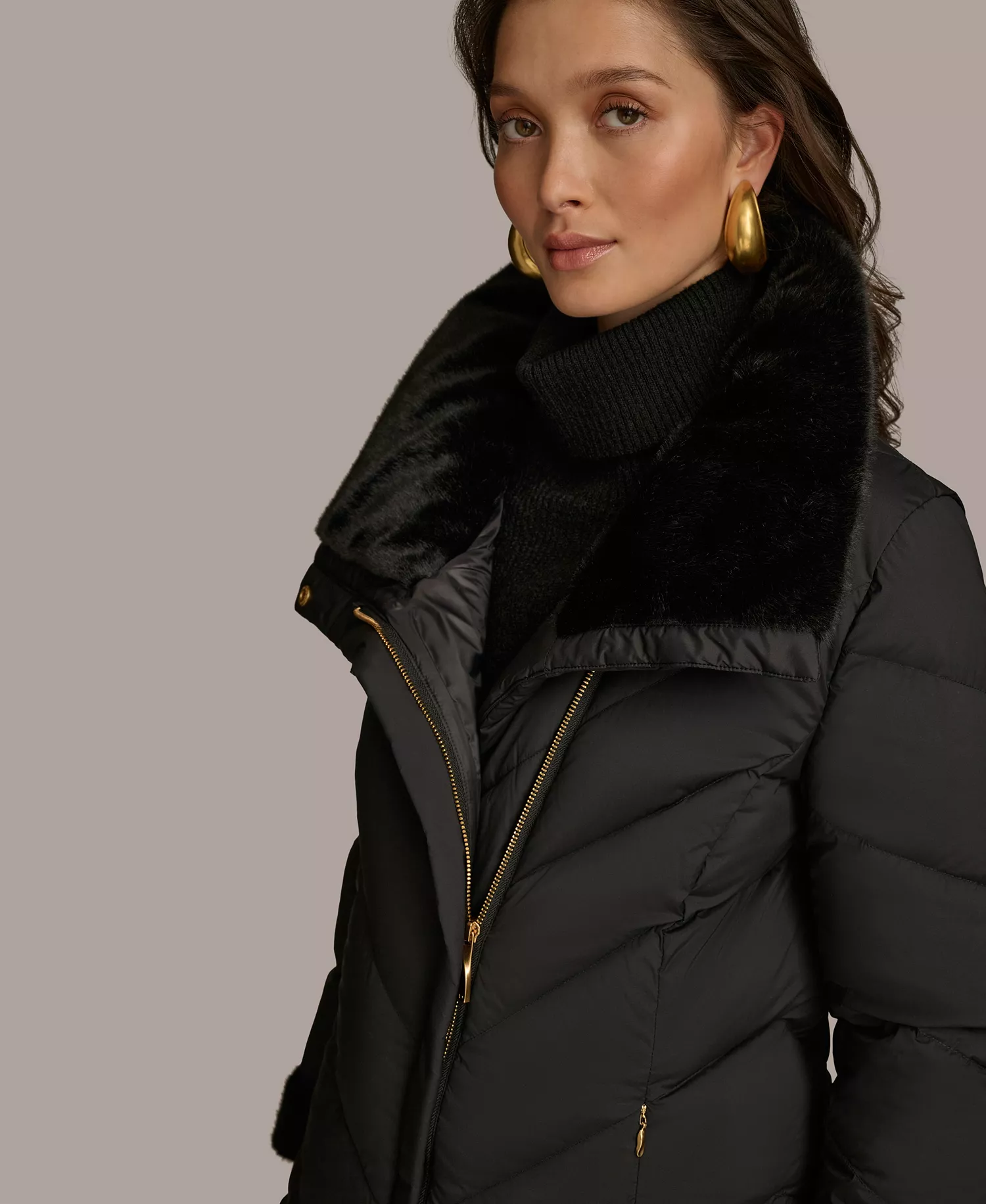 Women's Stretch Zip Closure Coat - Black - L