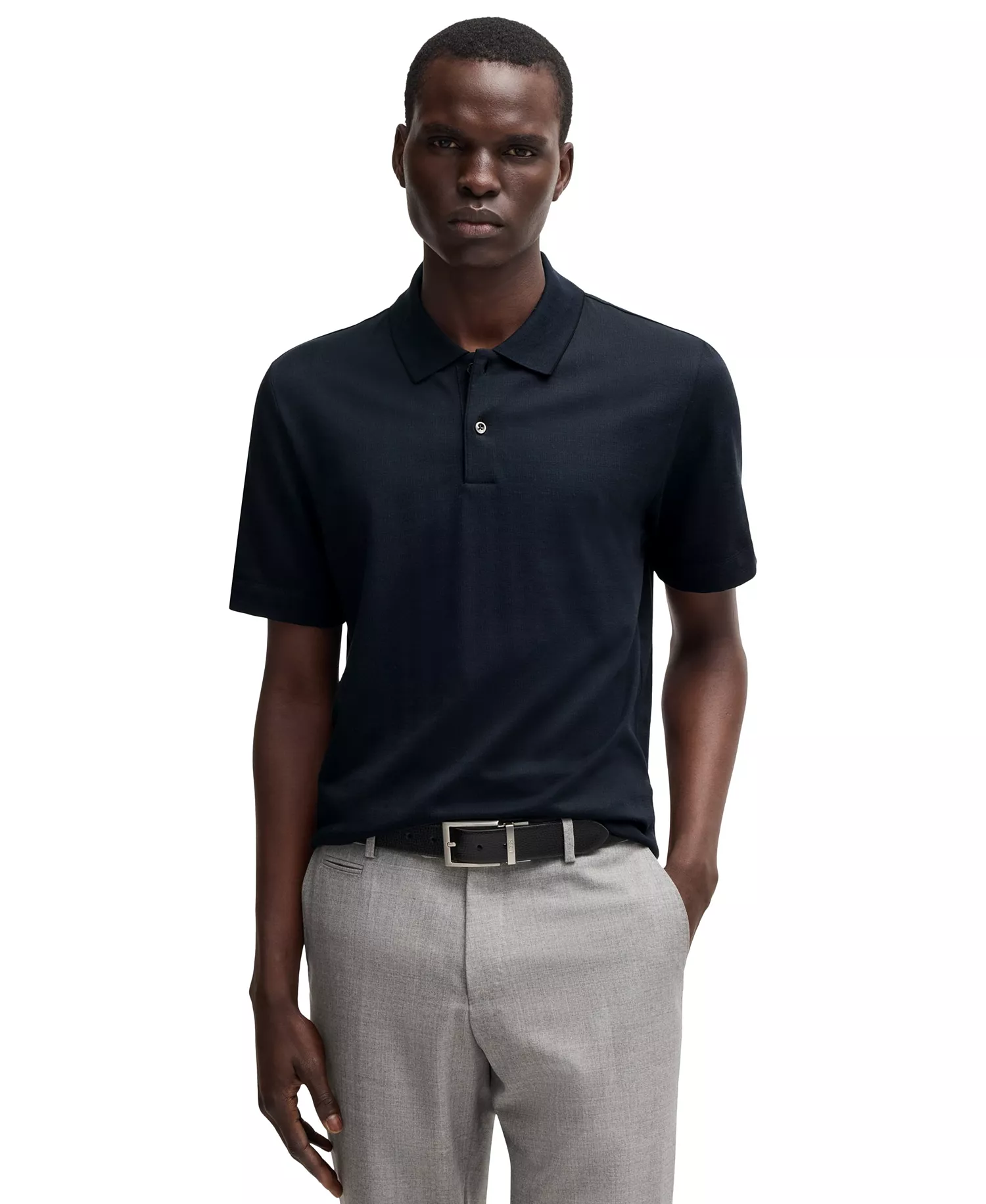 Men's Cotton-Silk Blend Relaxed-Fit Polo Shirt - Dark Blue - 2XL