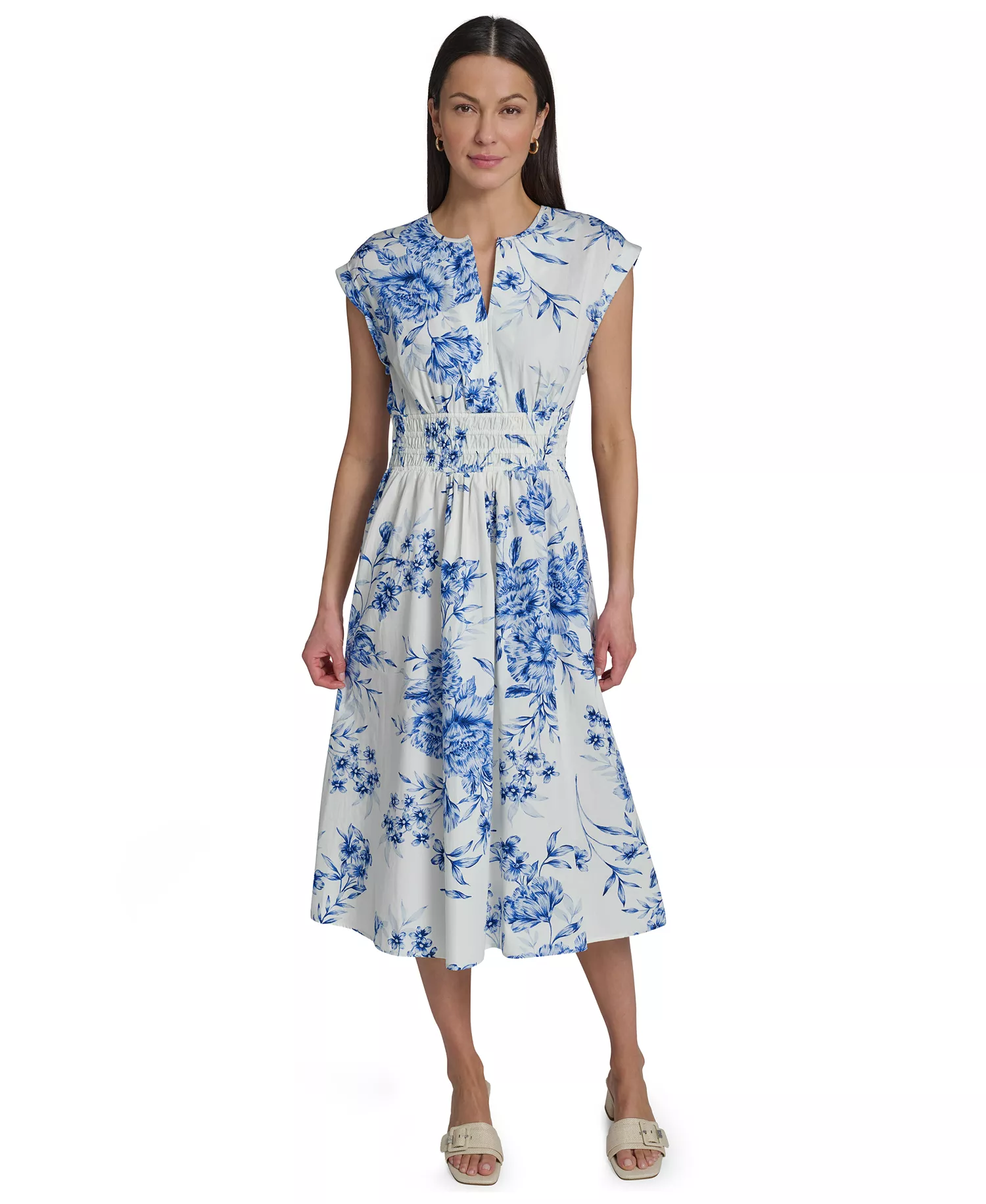 Women's Floral Smocked V-Neck A-Line Midi Dress - CHAMBRAY MULTI - 10