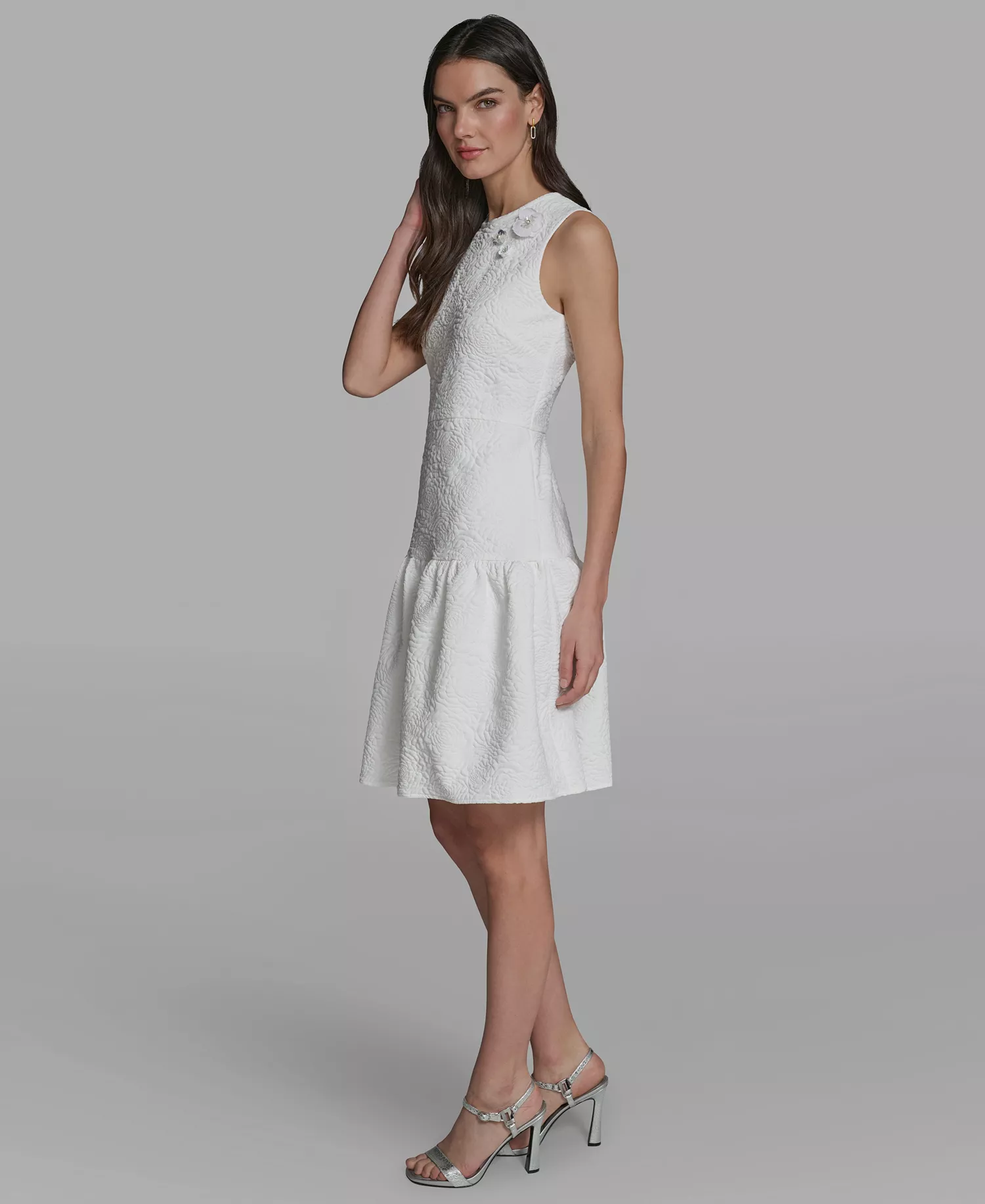 Women's Crew Neck Jacquard Ruffle Hem Dress - Soft White - 0
