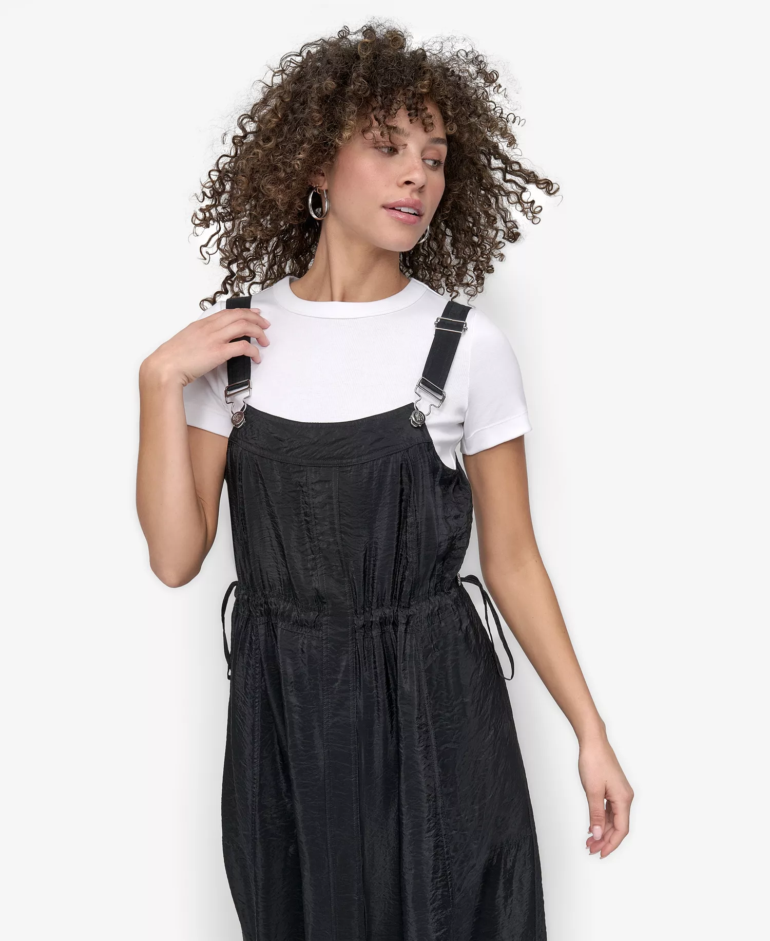 Women's Drawstring Adjustable Shoulder Overall Dress - Black - L