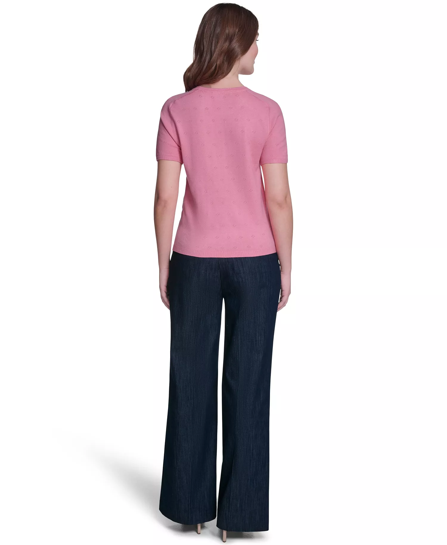 Women's Pointelle Short-Sleeve Sweater - Pink Tulip - L