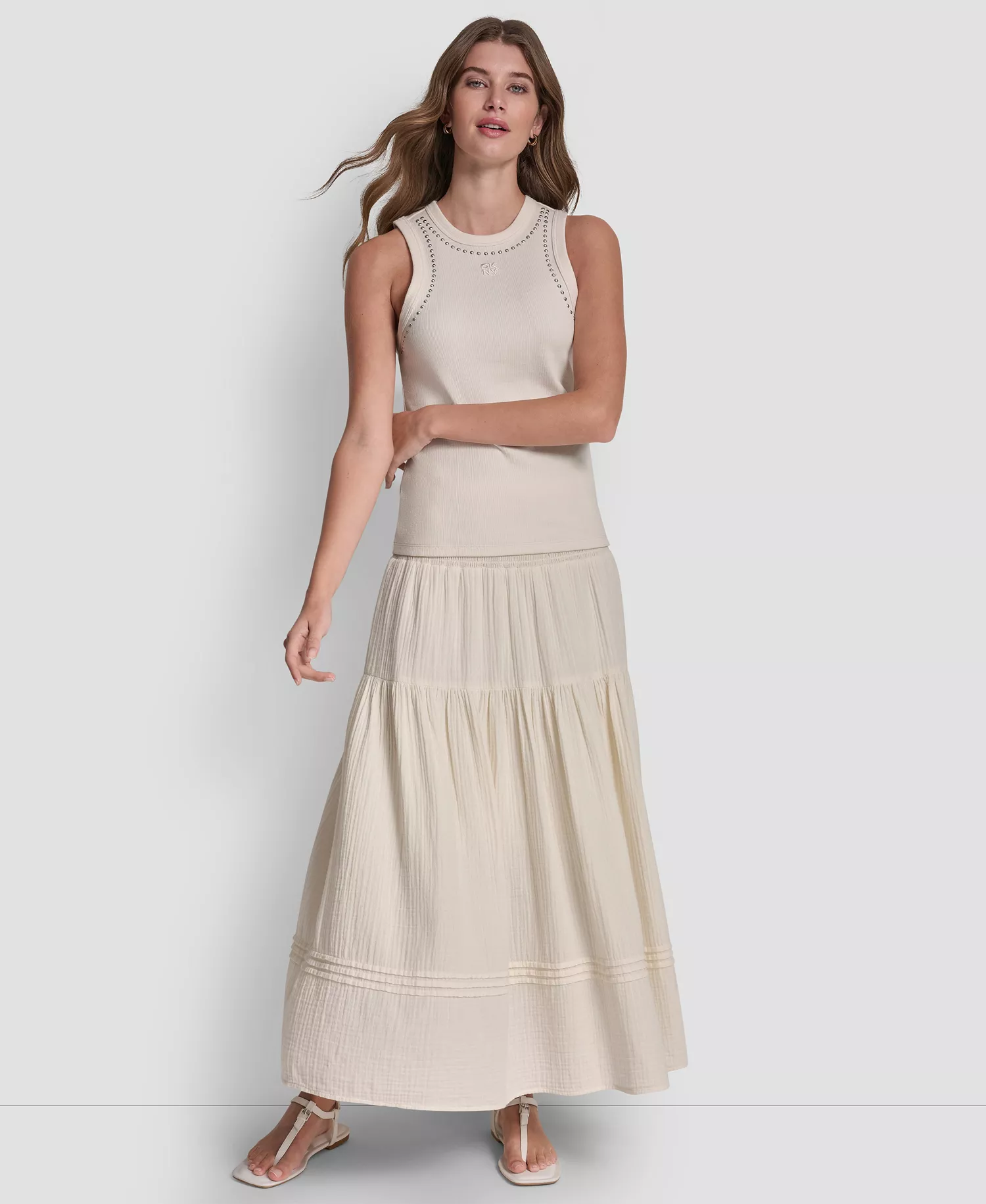 Women's Crewneck Tank Top With Dome Studs - Egg Nog - L