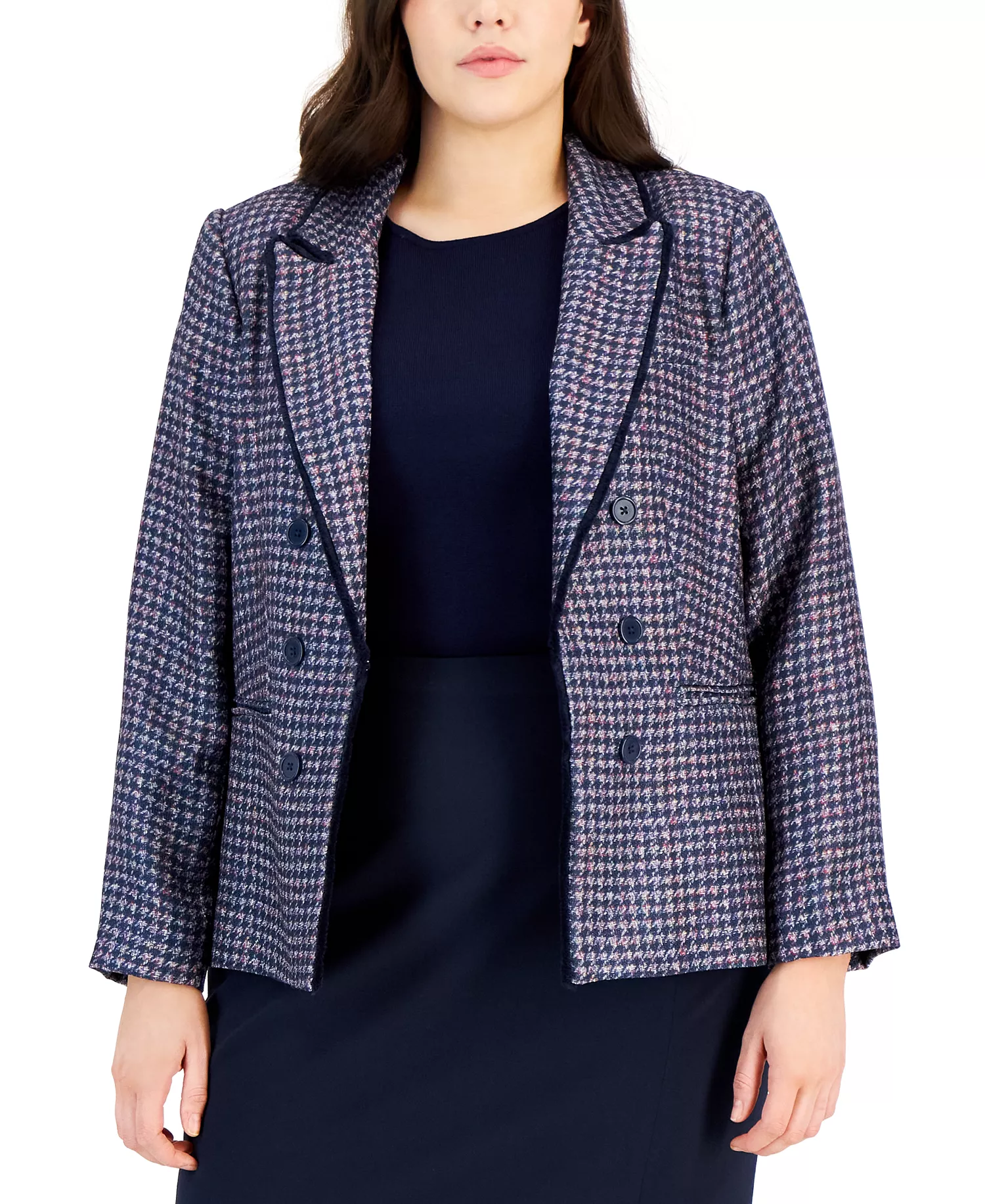 Plus Size Faux-Double-Breasted Blazer  - Navy/Pink - 14W