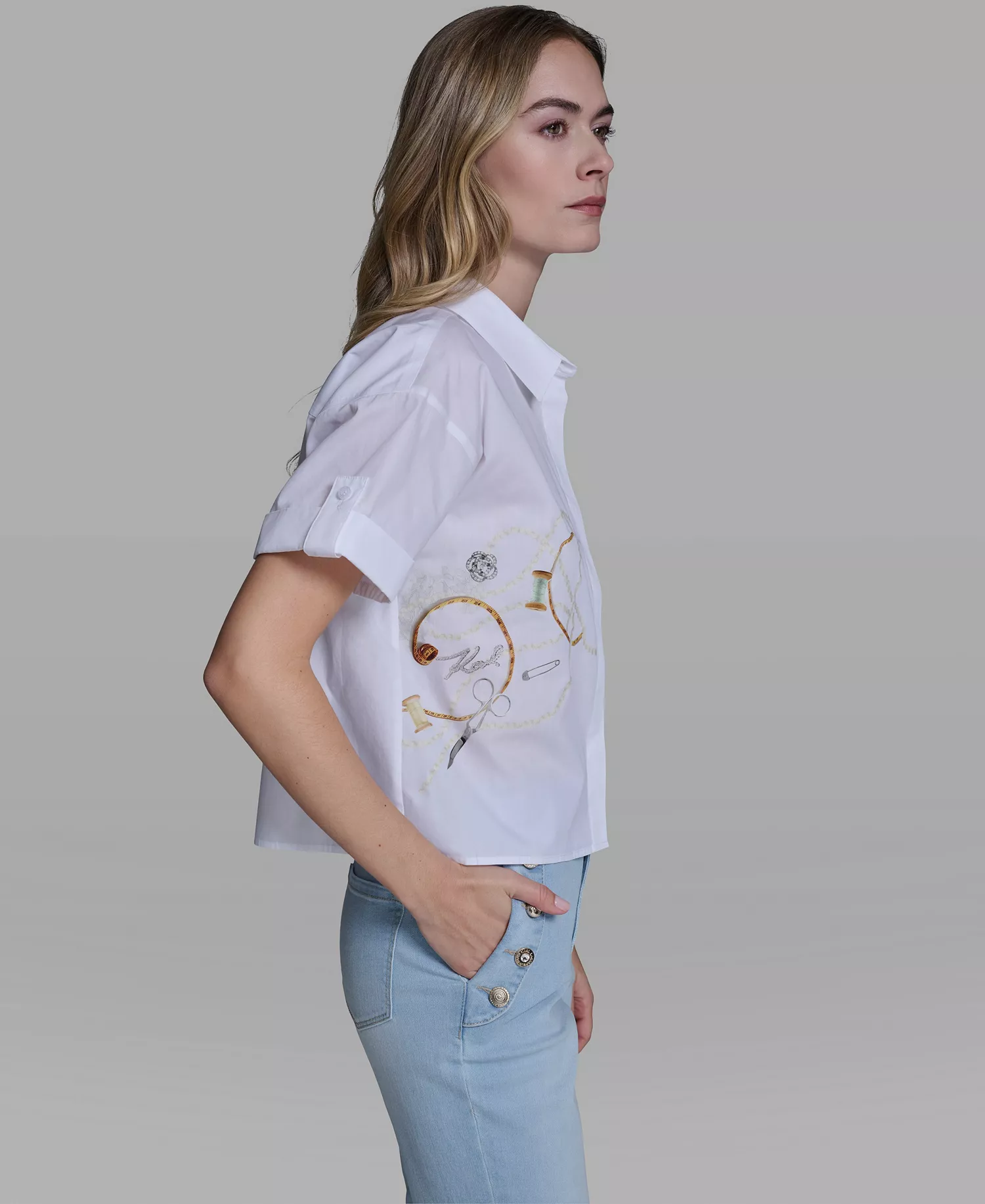 Women's Short-Sleeve Sewing Theme Top - White - L