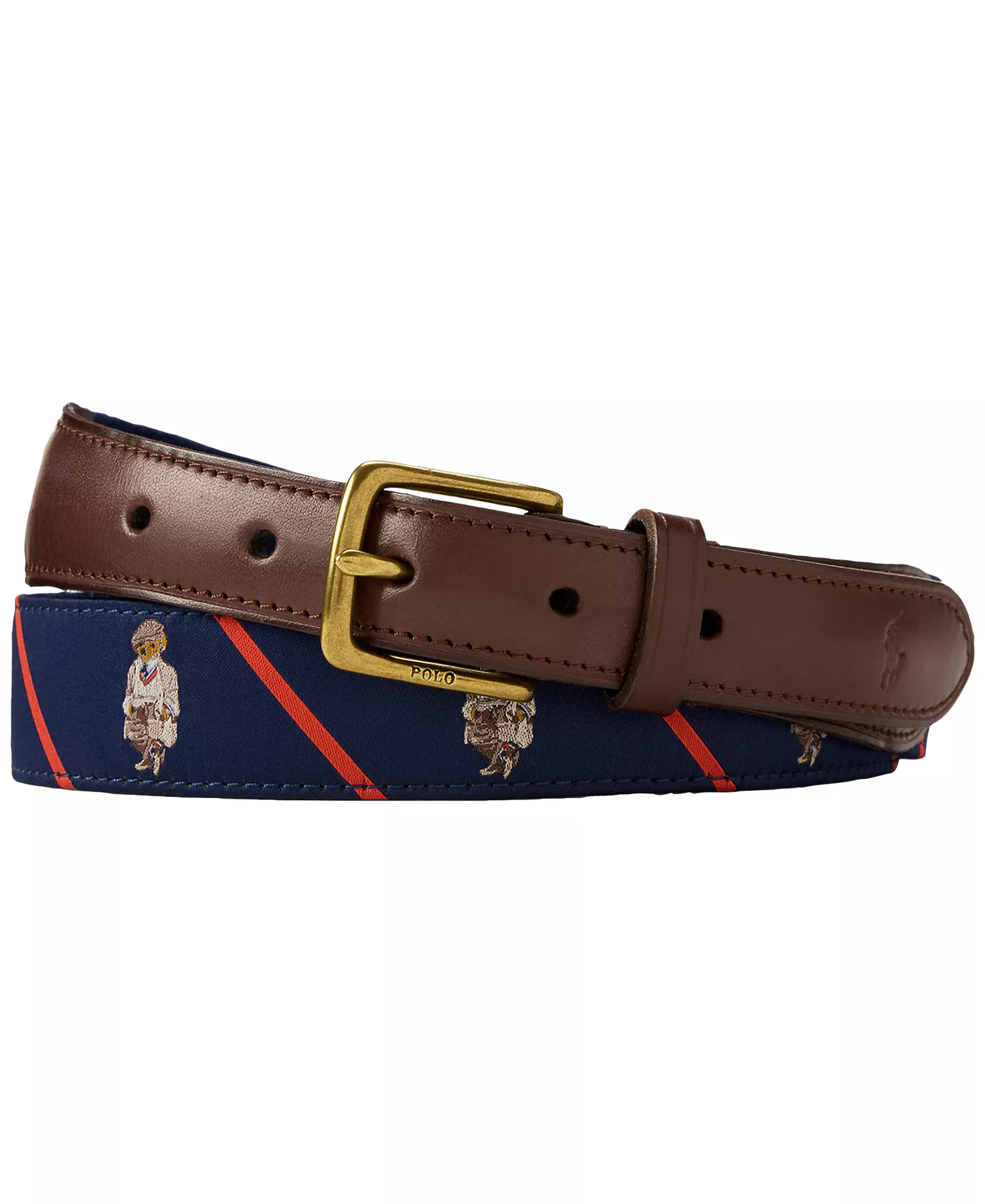 Men's Bear Print Leather-Trim Belt - Navy Multi - 34