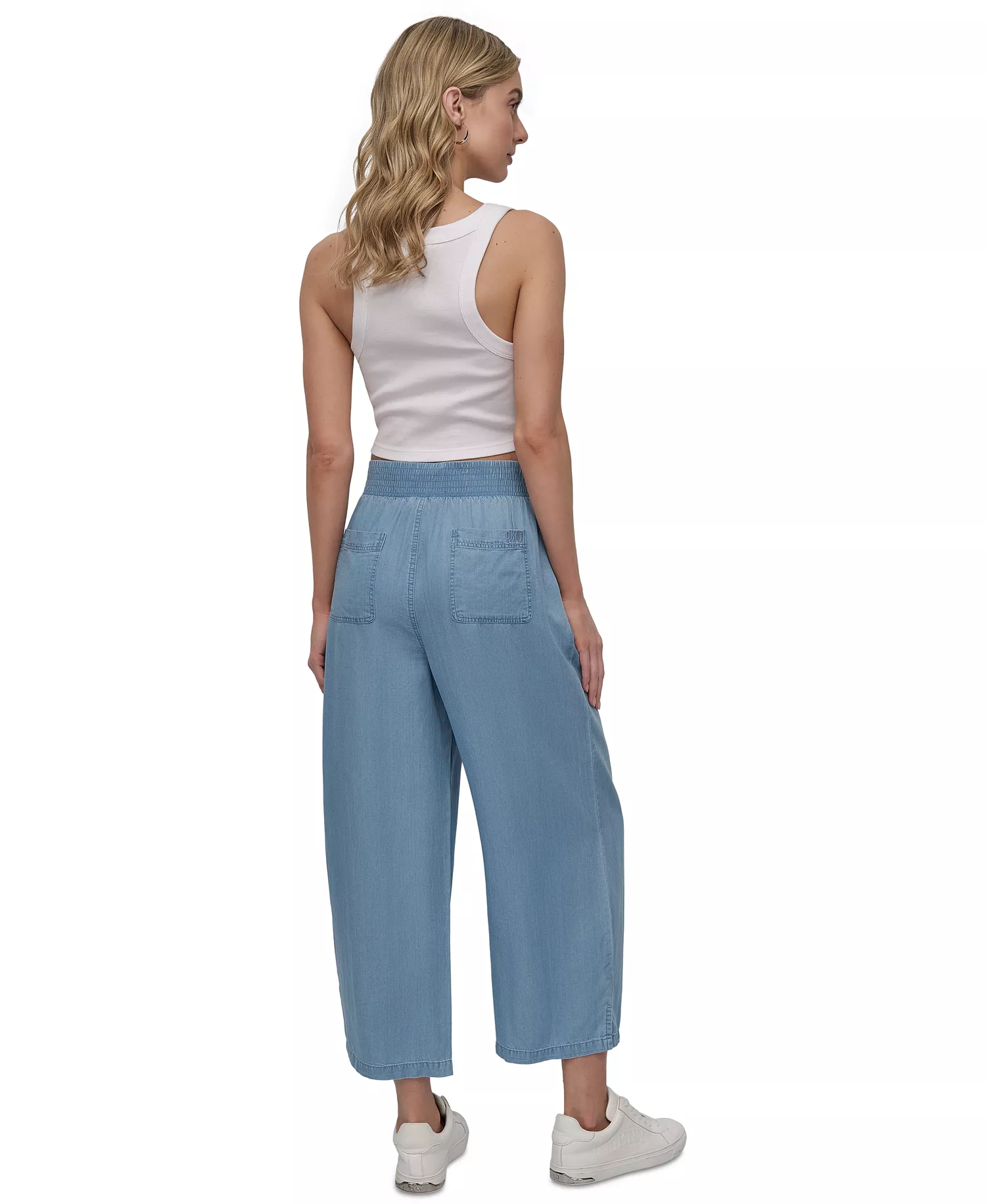Petite Chambray Smocked-Waist Wide-Leg Ankle Pants - Chambray - P/L