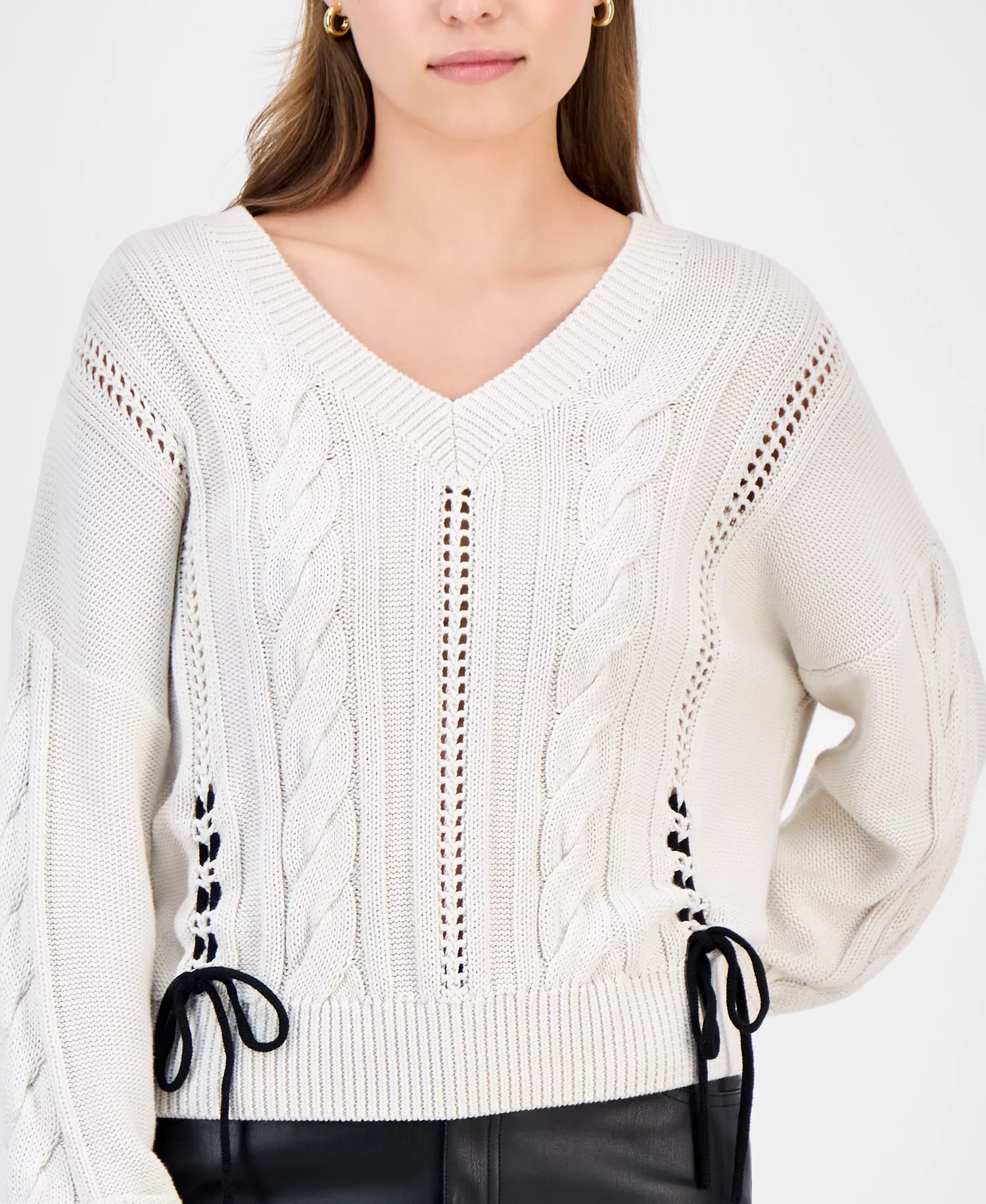 Women's Side-Stitch Cable-Knit Sweater - White - M