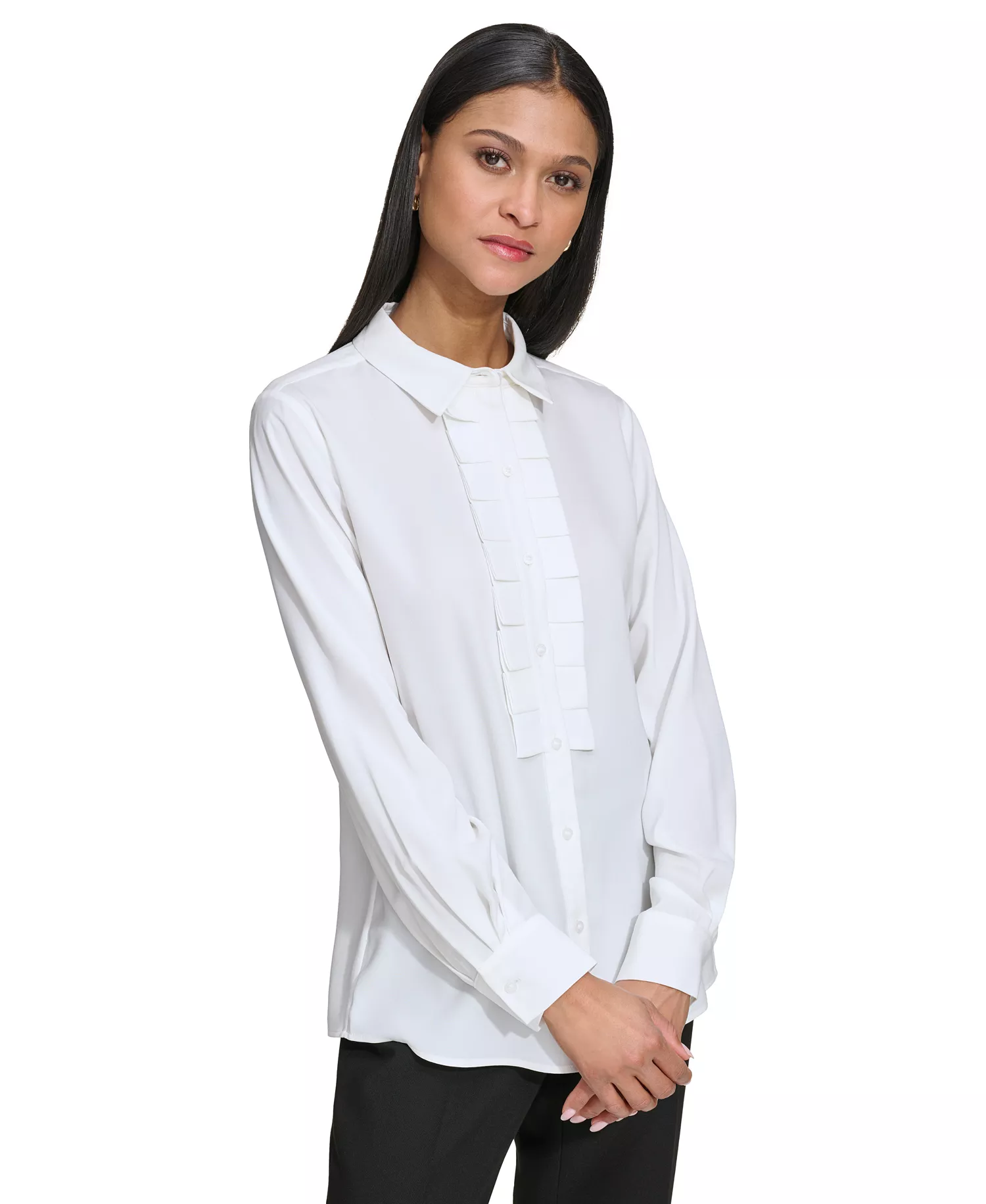 Karl Lagerfeld Women's Collared Pleat-Front Long-Sleeve Top - Soft White - L