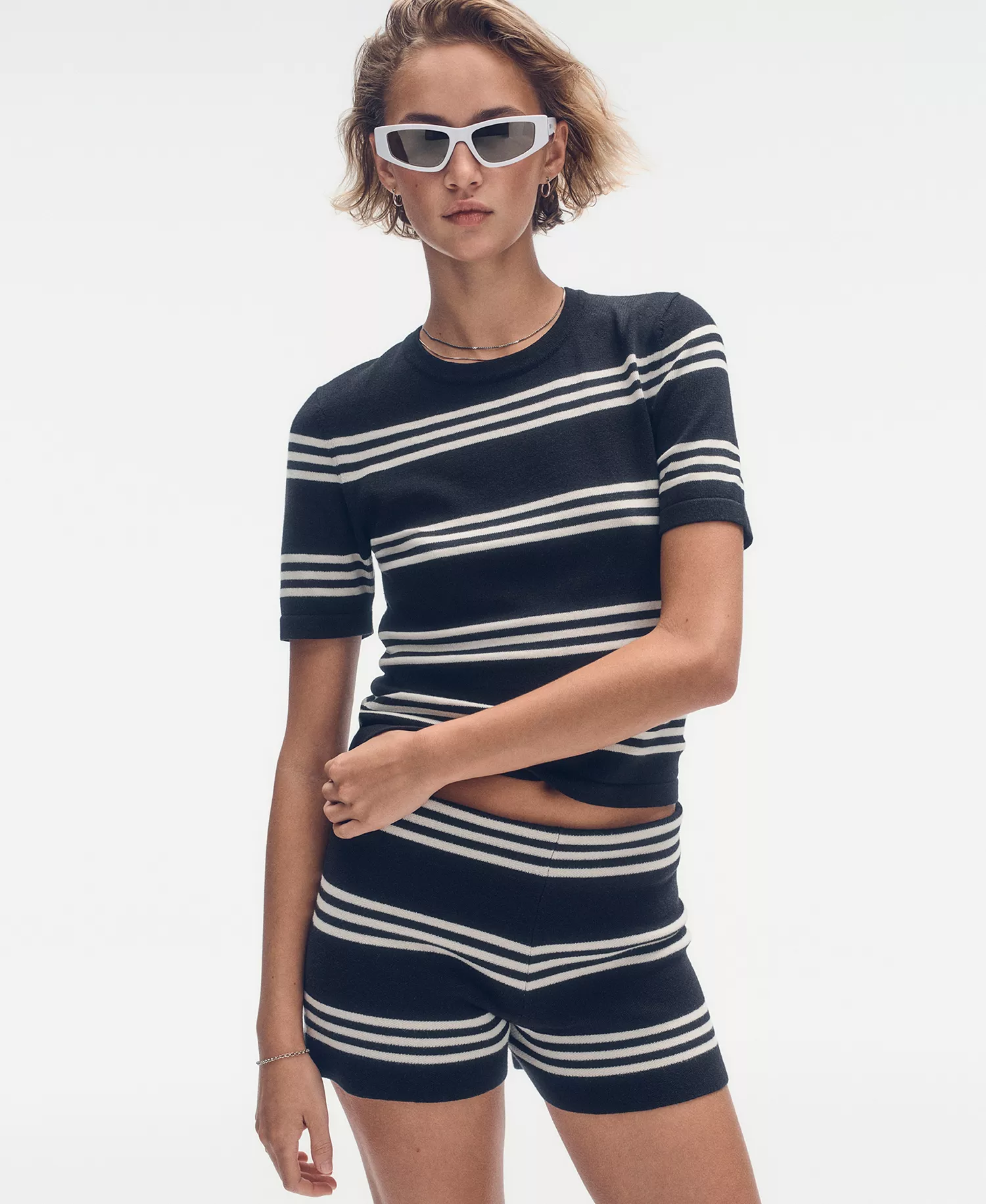 Women's Striped Crewneck Sweater - Eggnog/Black - L