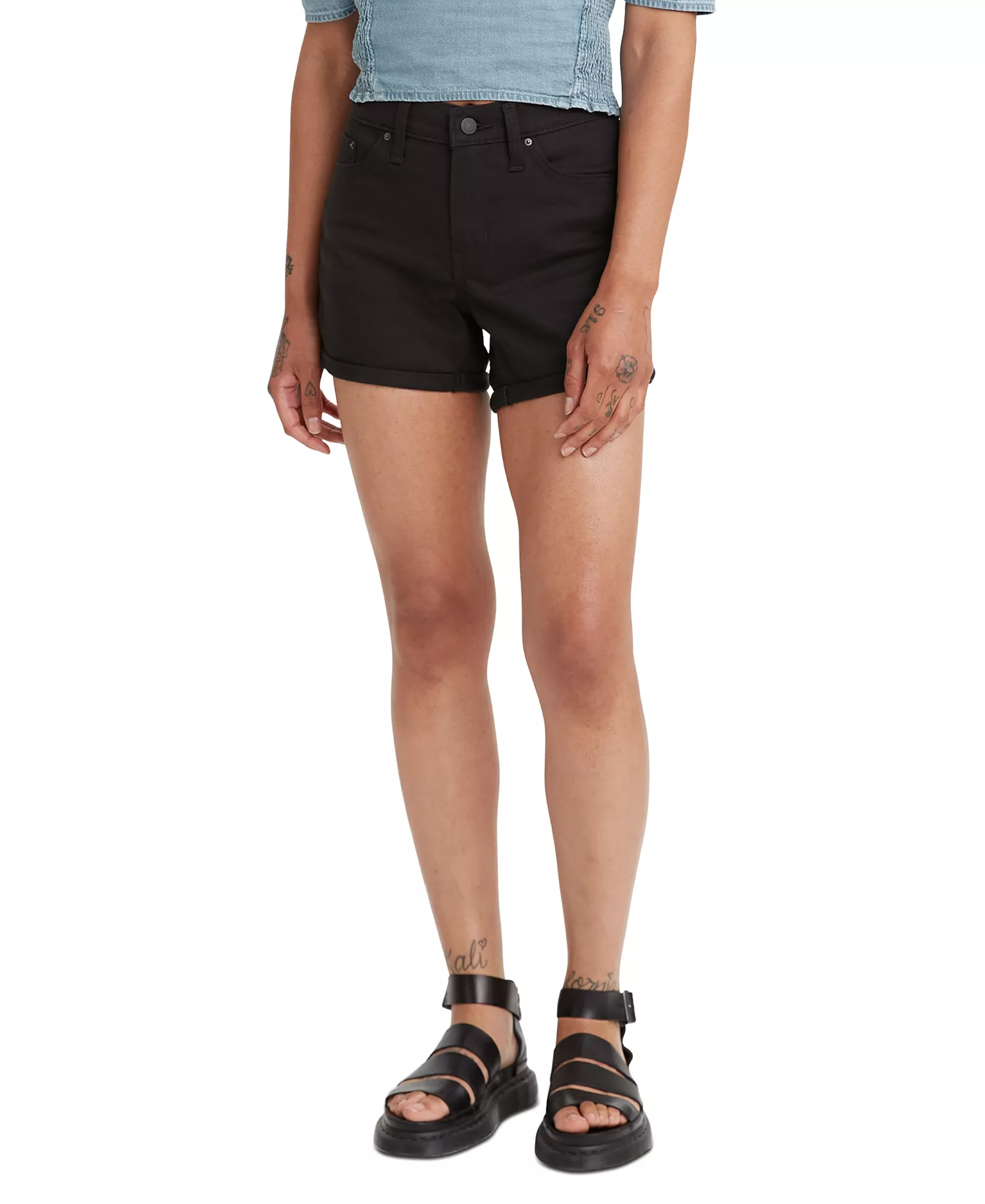 Women's Mid Rise Mid-Length Stretch Shorts - Black And Black - 24