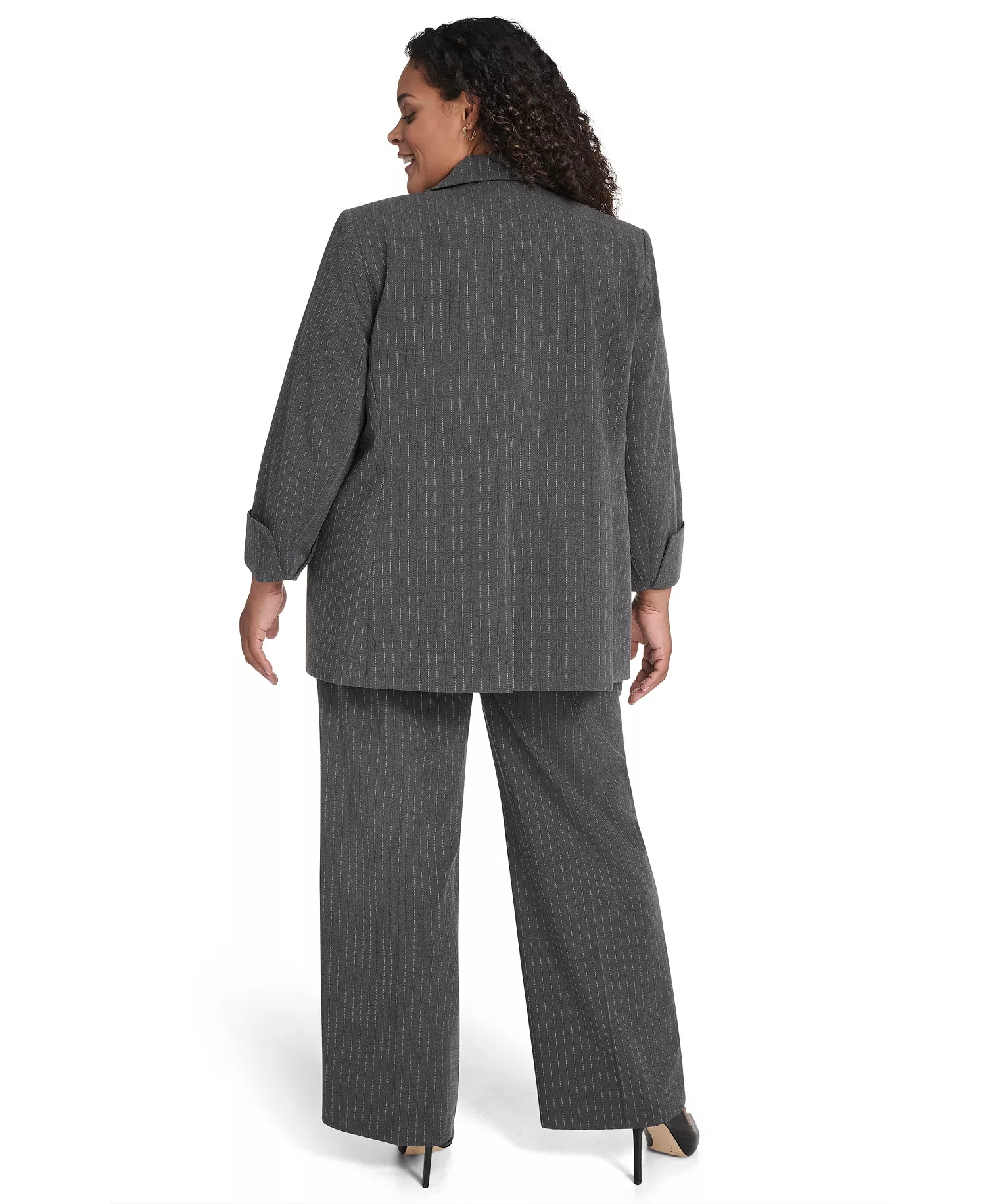 Plus Size Pinstripe Long Sleeve Blazer - Heather Charcoal Multi - 14W
