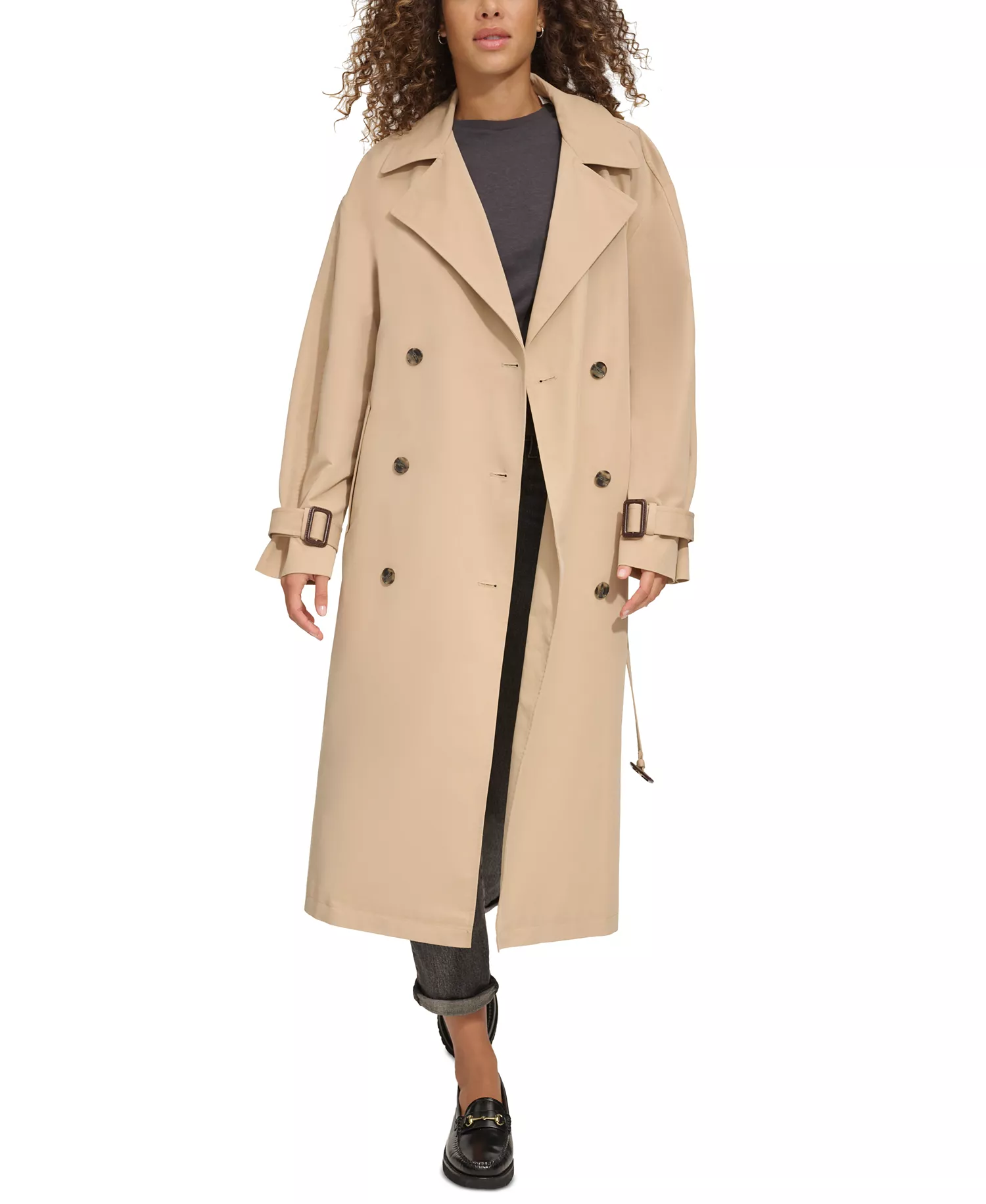 Women's Classic Relaxed Fit Belted Trench Coat - Khaki - L