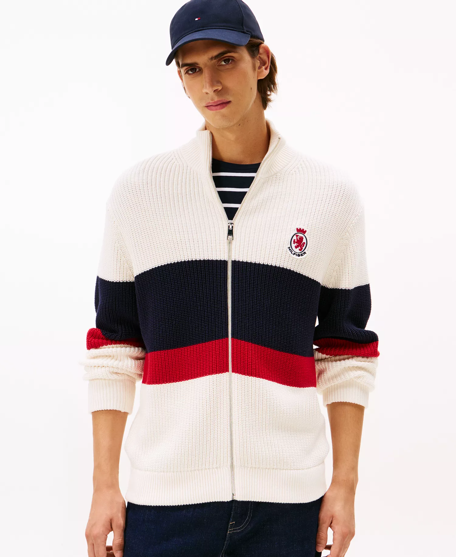 Men's Crest Logo Patch Zip-Through Stripe Sweater - Ivory Petal - L