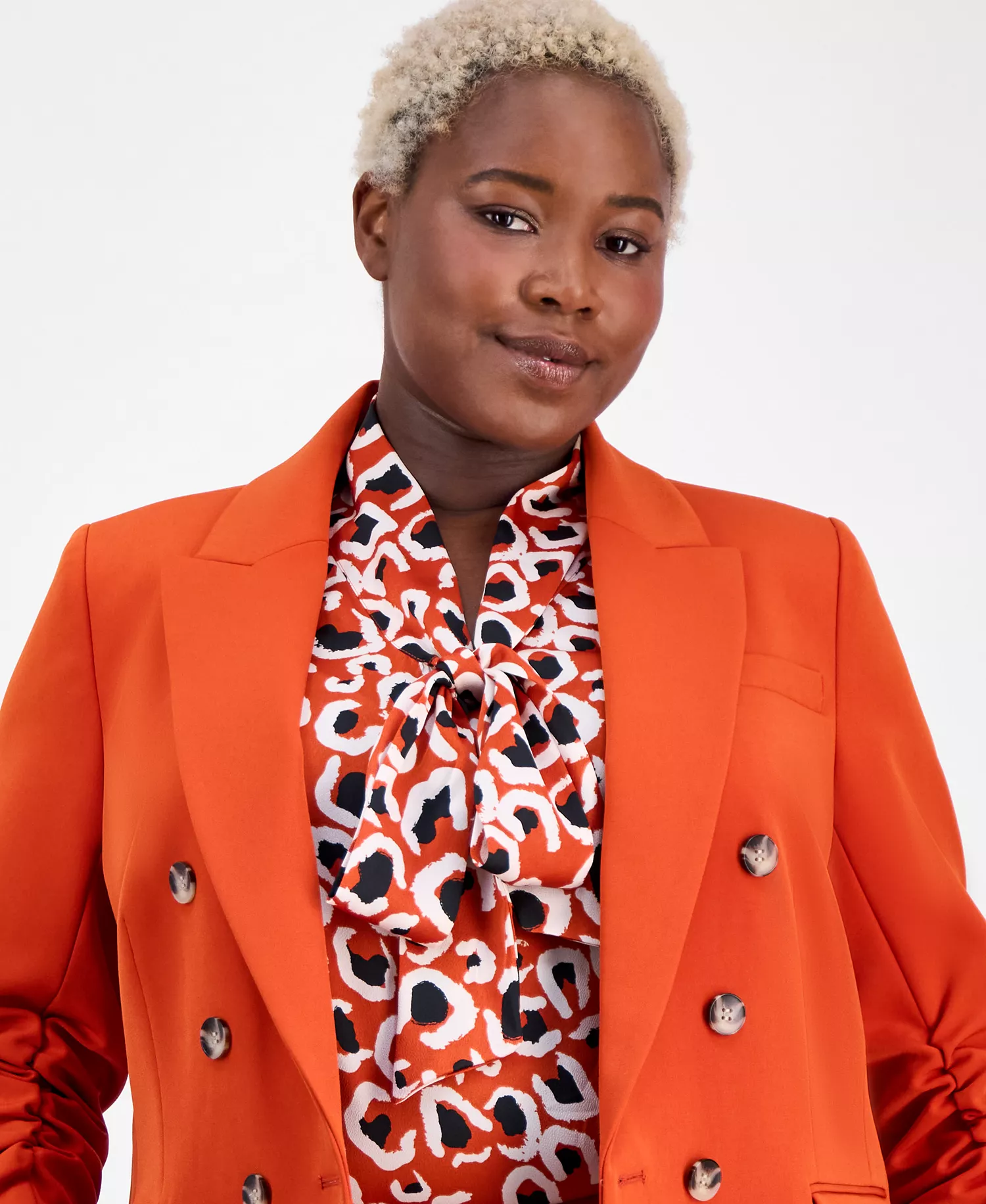 Plus Size Double-Breasted Ruched-Sleeve Jacket - Persimmon - 14W