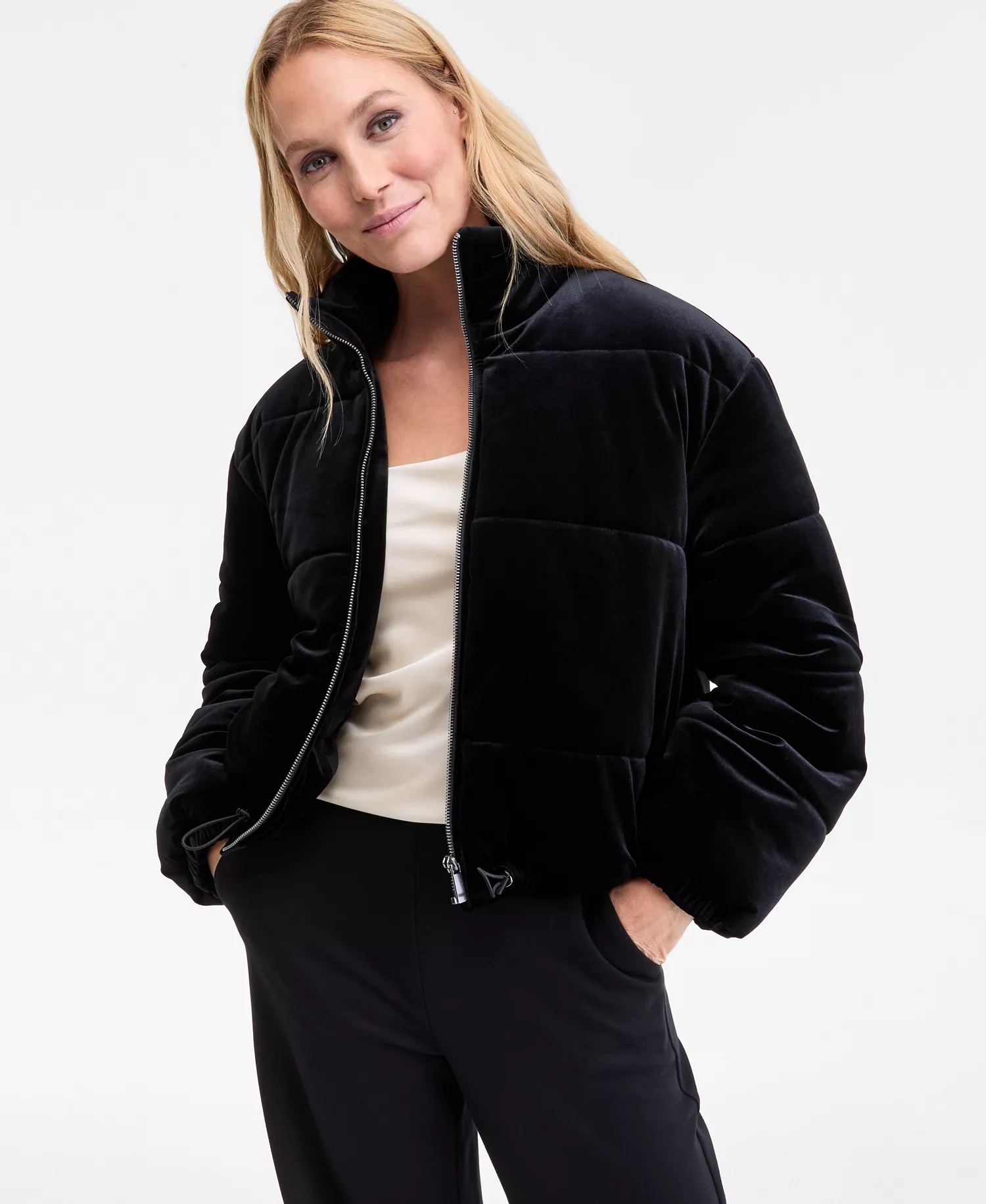 Women's Cropped Velvet Puffer Jacket, Macy's Exclusive - Deep Black - XL