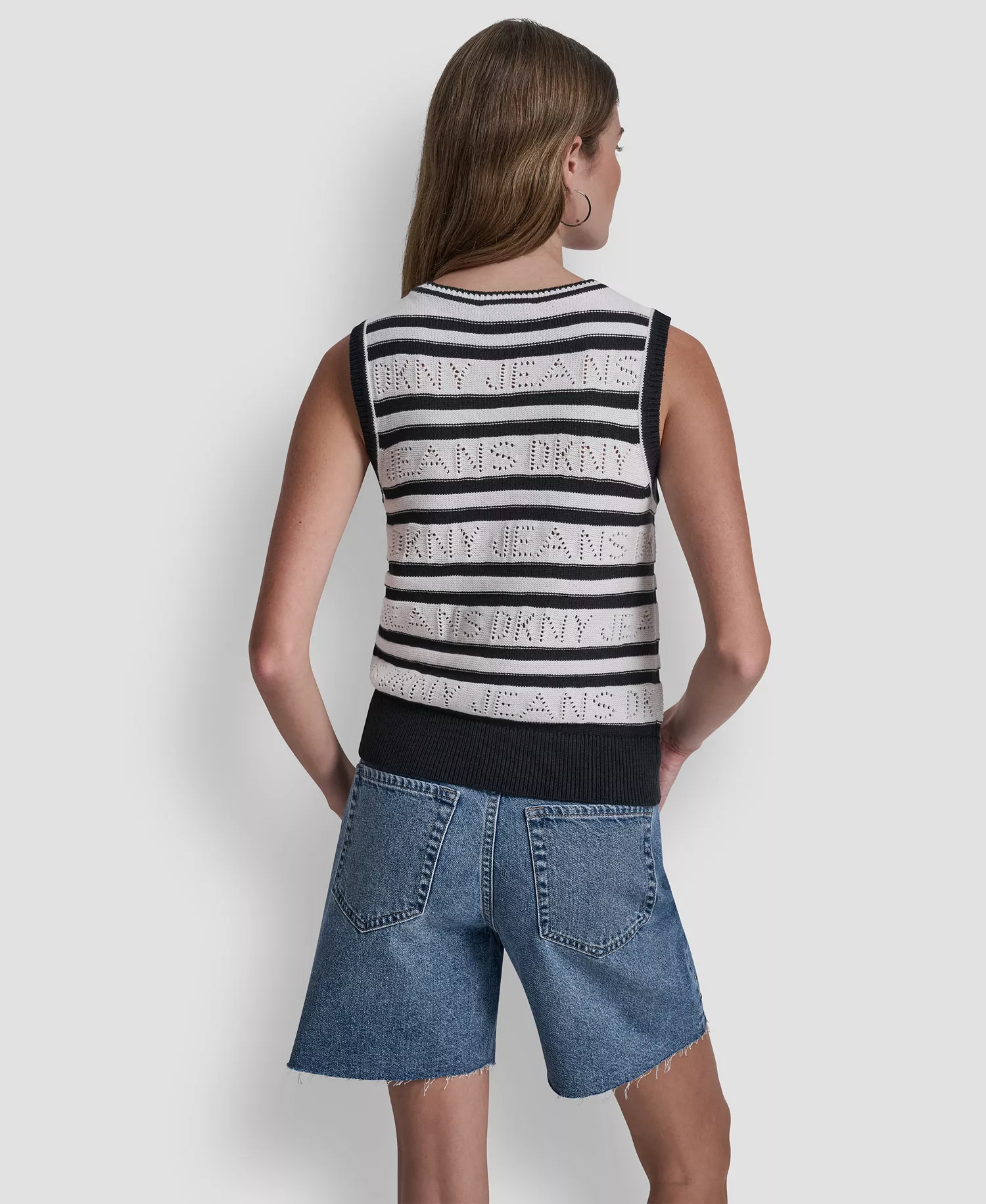 Women's Sleeveless Logo Pointelle Striped Sweater - Ivory/black - L
