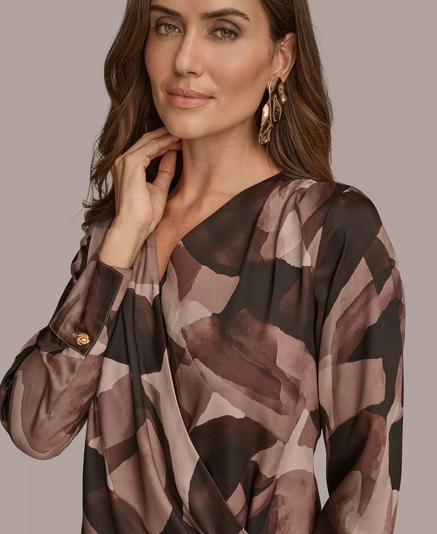 Petite Printed Satin Long Sleeve Wrap Top - Nolita Multi - P/M