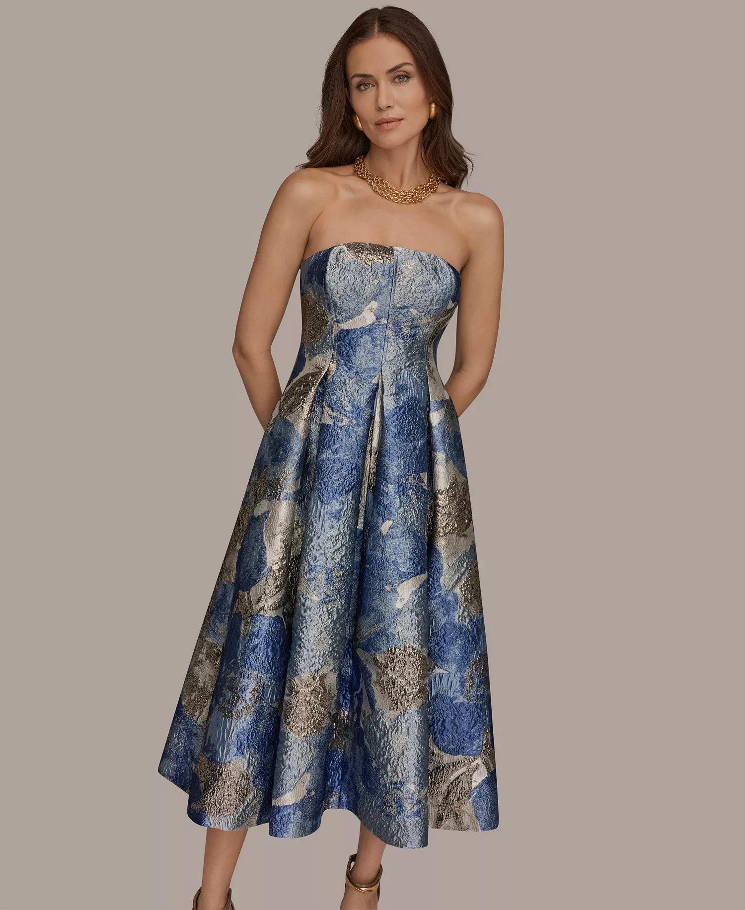 Women's Strapless Floral Midi Cocktail Dress - WASHED INDIGO MULTI - 10