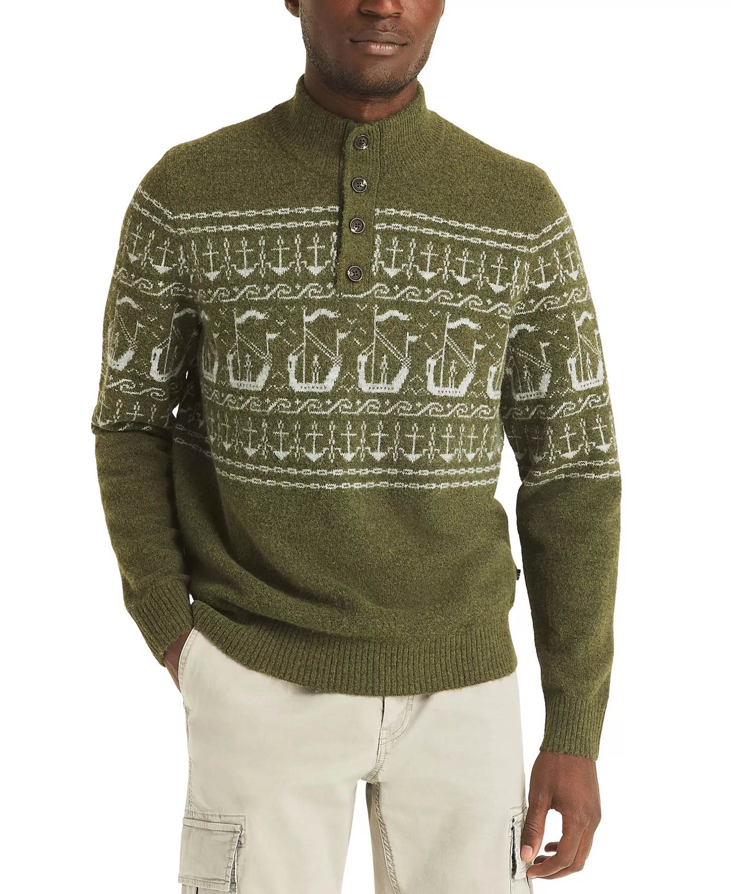 Men's Fairisle Button Up Mock Neck Sweater - Forest Night - 2XL