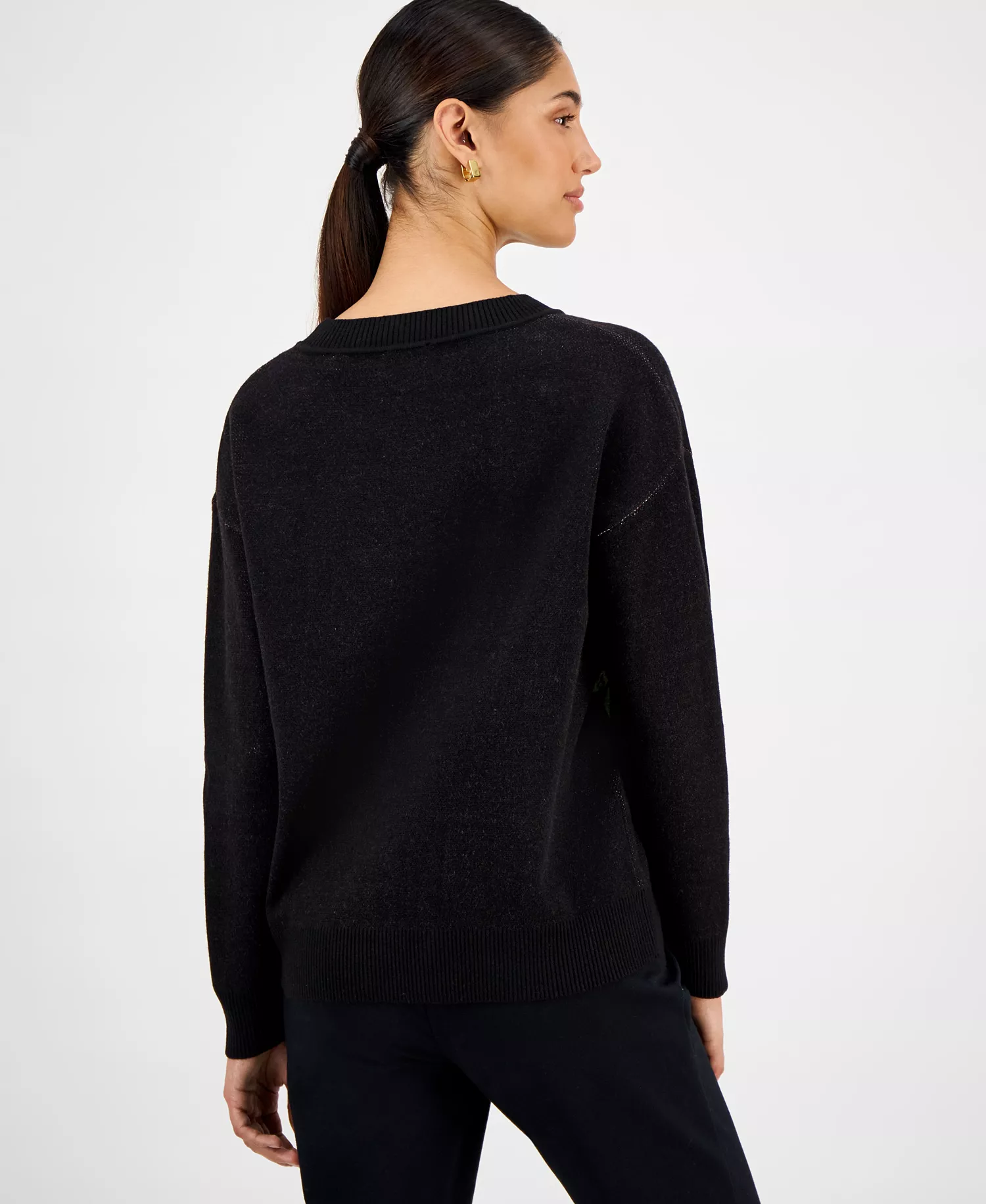 Women's Rose-Print Crewneck Sweater - Black W Rose - M