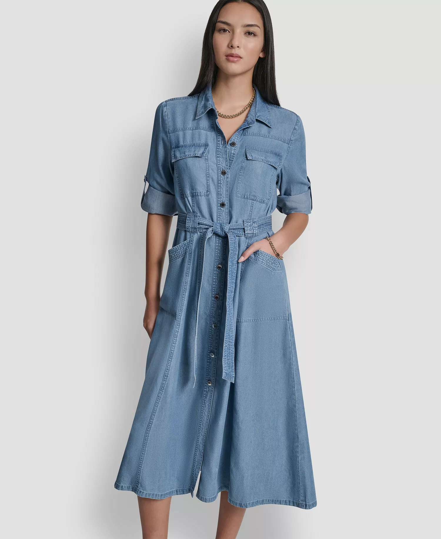 Women's Roll-Tab Sleeve Cargo Collared Dress - Stream - L