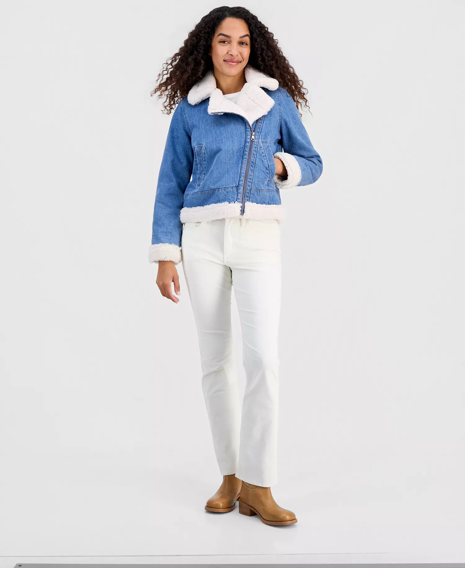 Women's Denim Moto Zipper Jacket - Medium Wash Denim - L