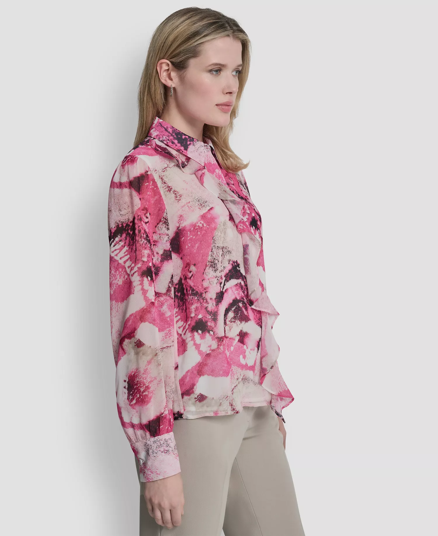 Women's Collared Long-Sleeve Ruffle Detail Shirt - Hot Pink/Pebble Multi - L